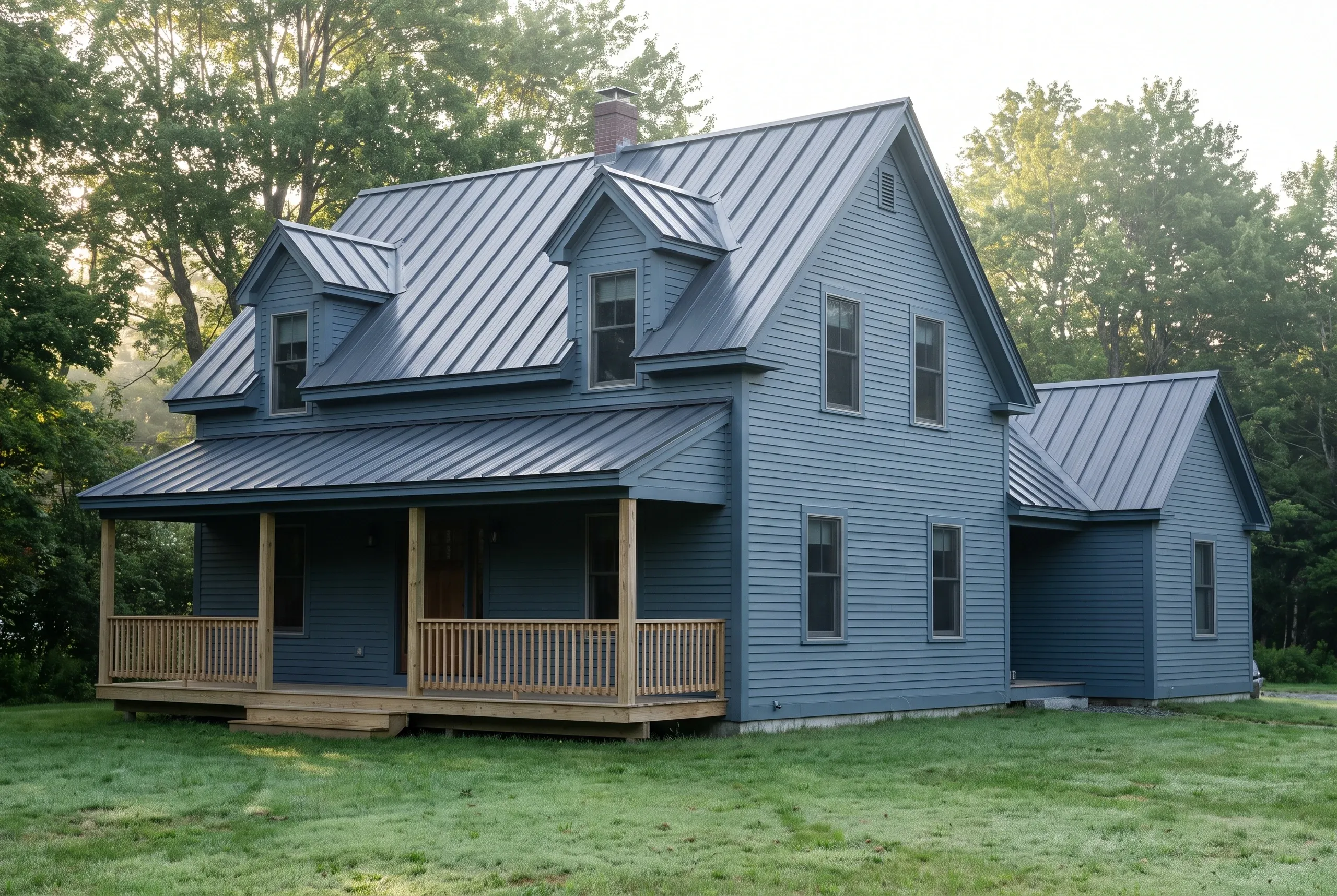 Roofing contractor Bath Maine: blue cape with dark standing-seam metal roof, two front dormers and a covered front porch