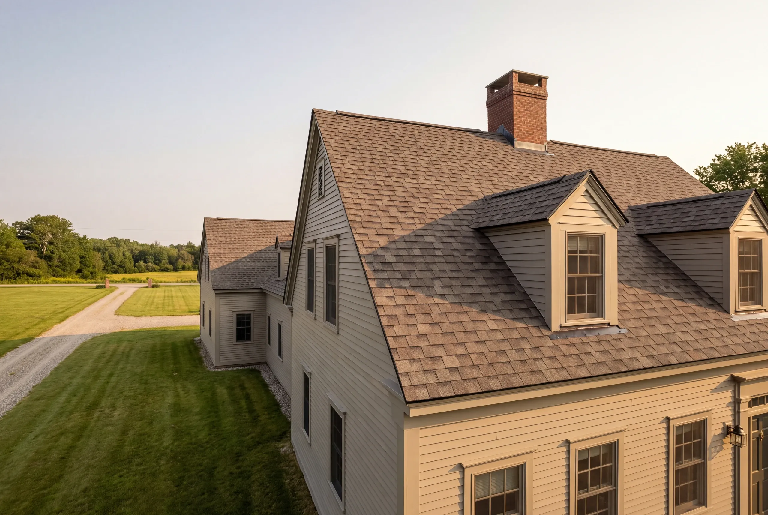 Roof replacement contractor Bath Maine: tan clapboard cape with gable dormers, brick chimney and shingle roof by a field
