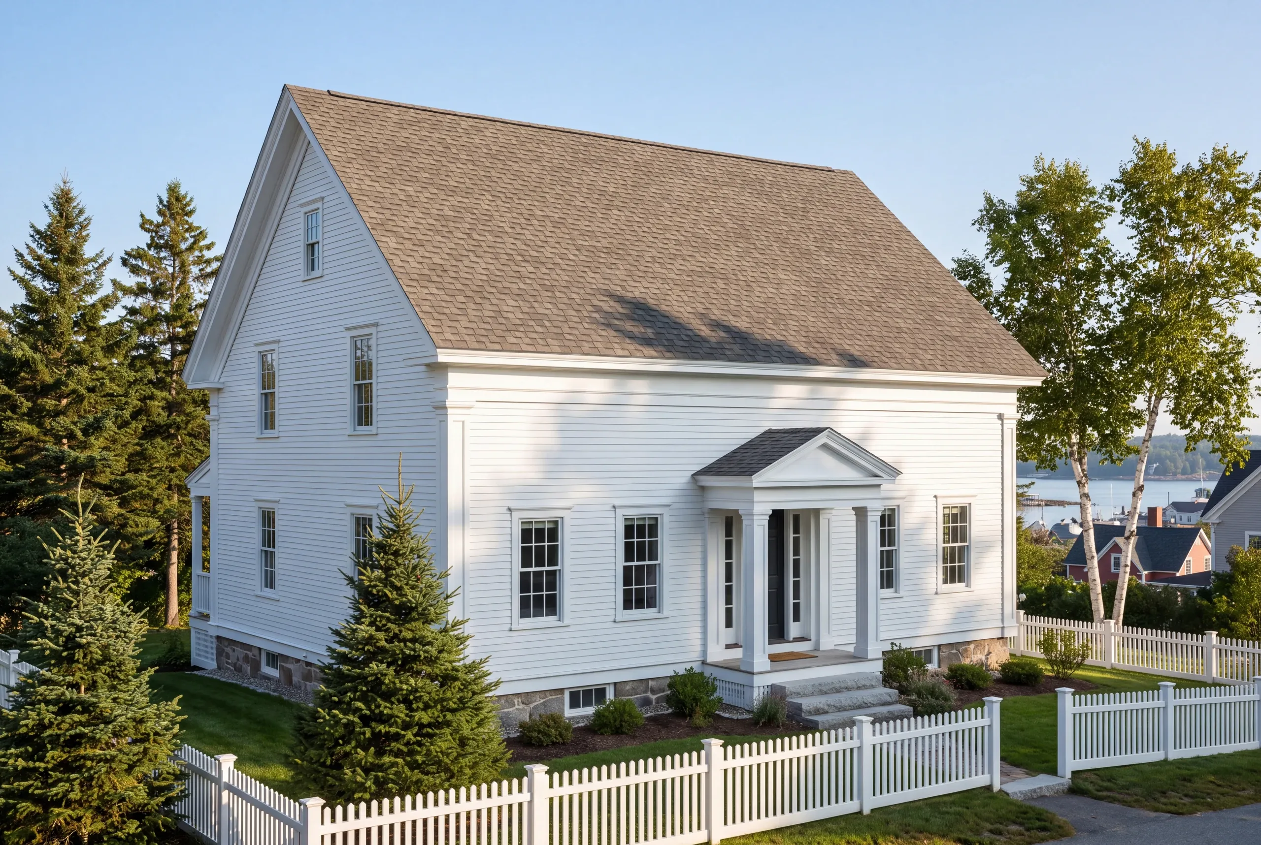 Roofing contractor in Belfast, ME: white Greek Revival house with a portico entry, shingle roof and picket fence by the harbor