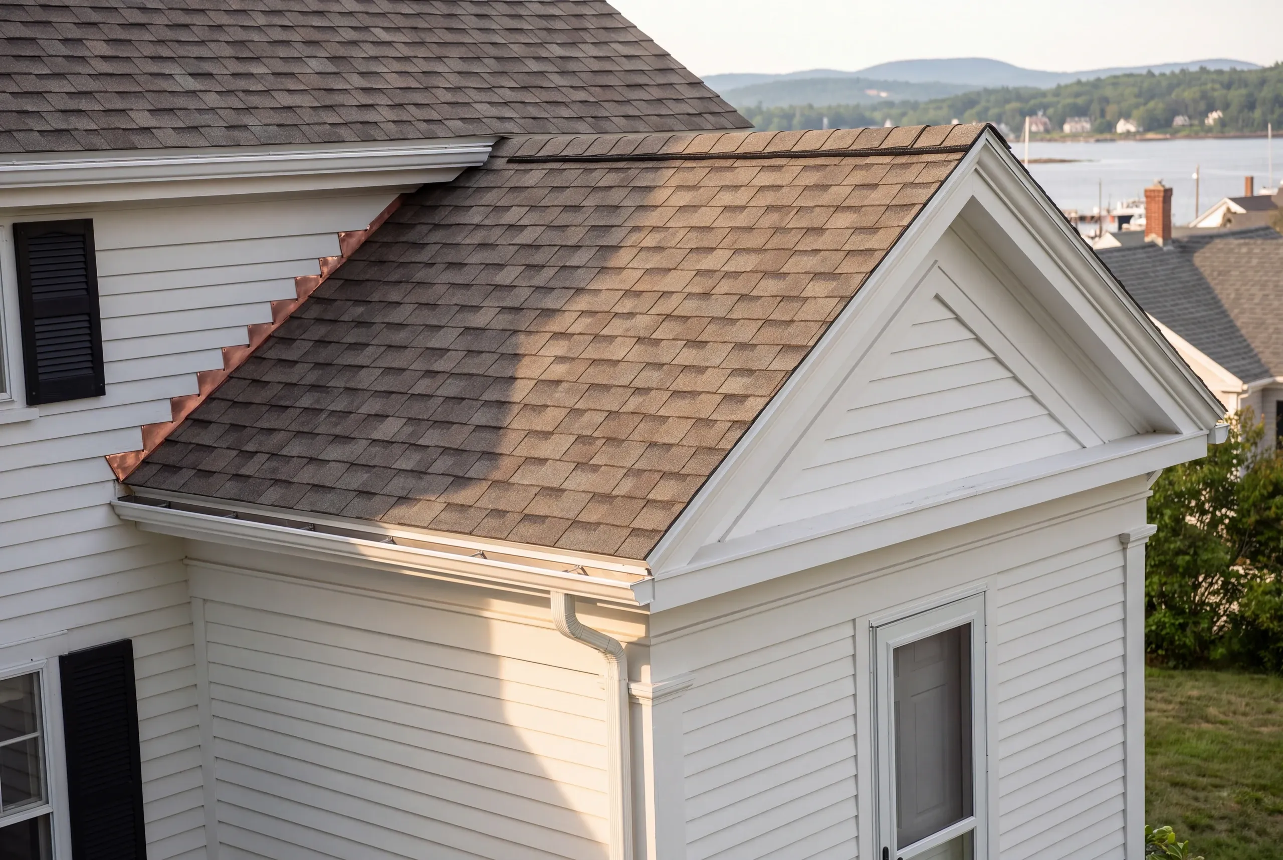 Residential roofing contractor Belfast Maine: finished shingle roof on a gabled section with copper step flashing above the harbor