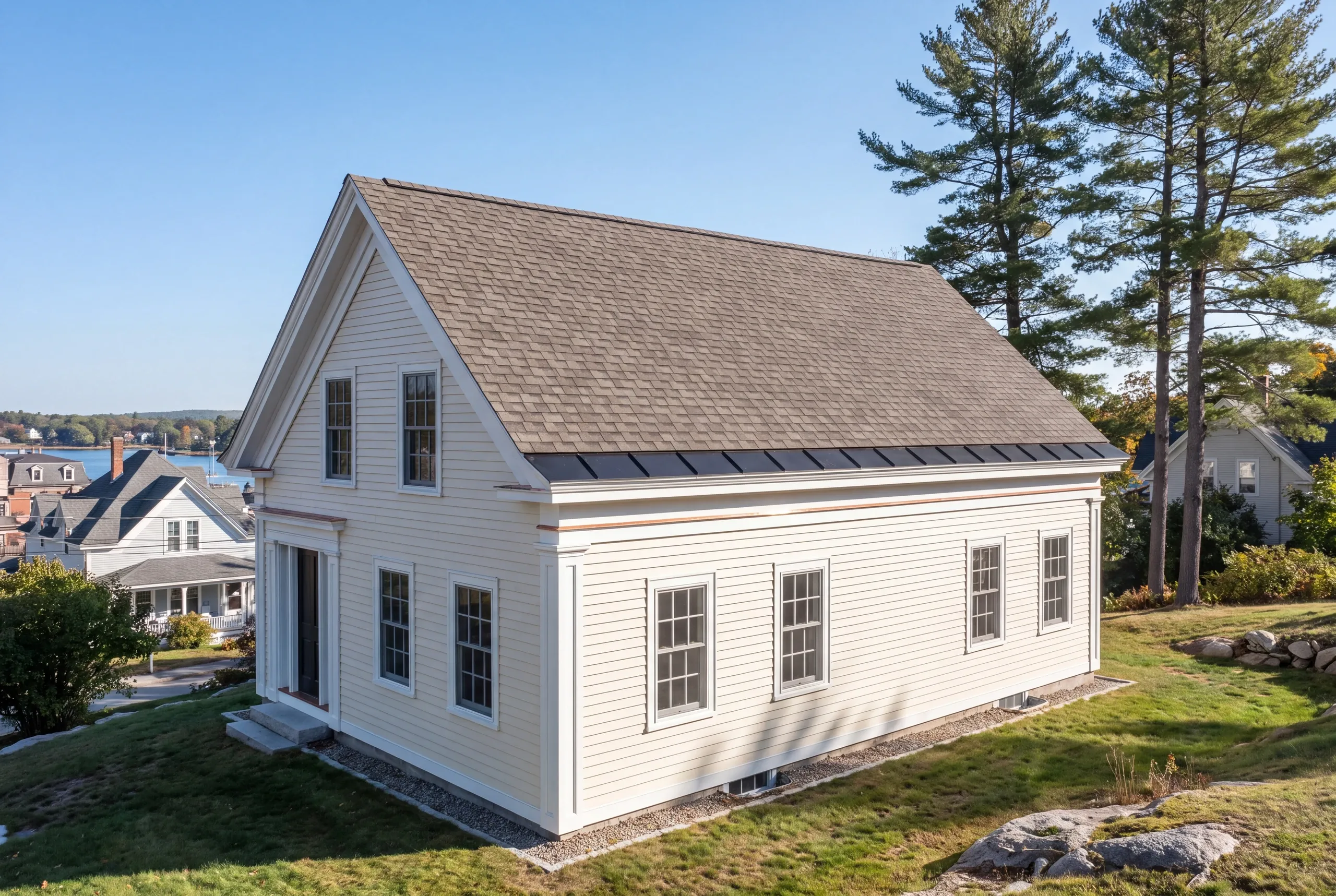 Roof replacement contractor Belfast Maine: white story-and-a-half house with gray shingles and dark metal eave band above a harbor
