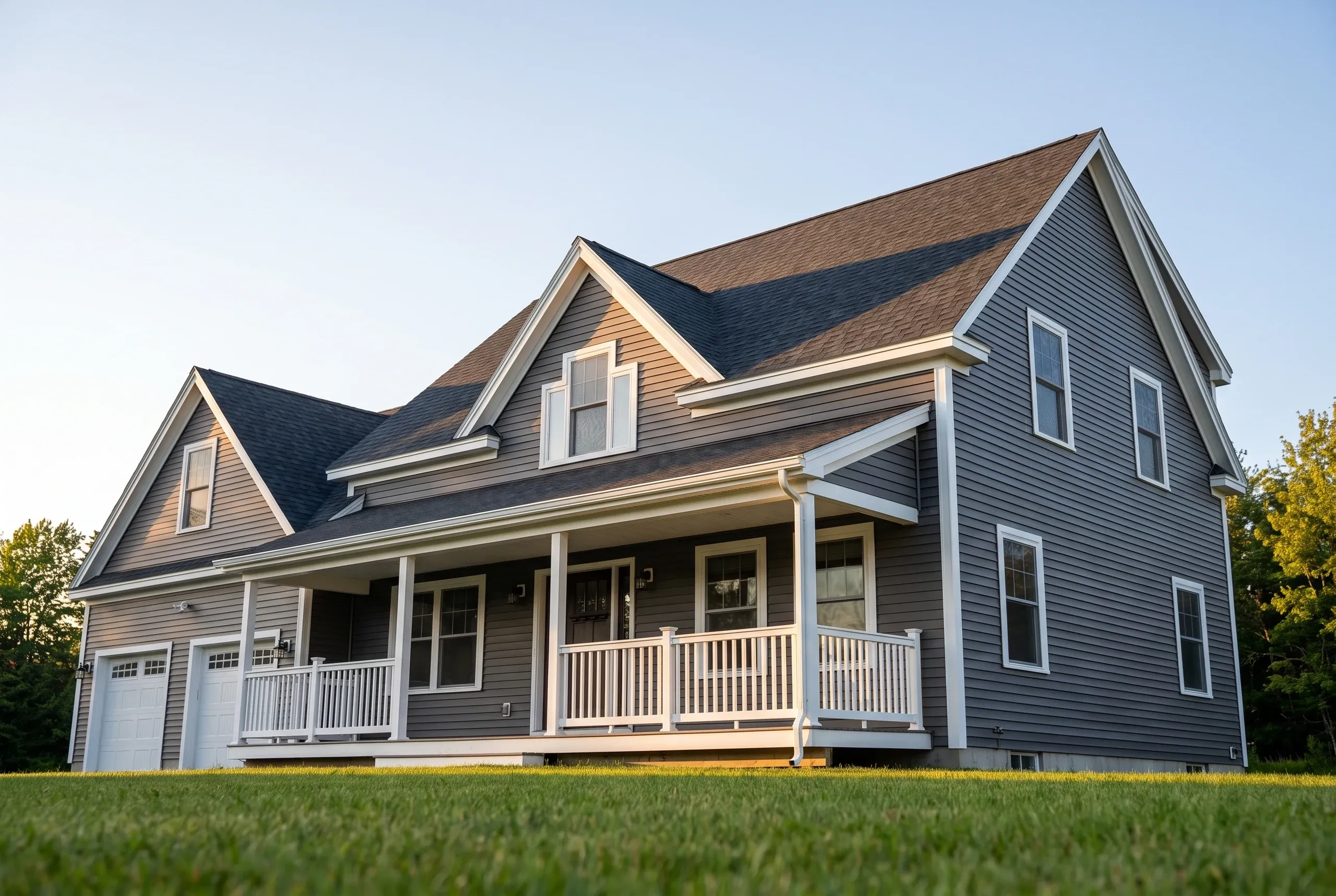 Roofing contractor Belfast Maine: gray-sided farmhouse with brown architectural shingle roof, front dormer and covered porch
