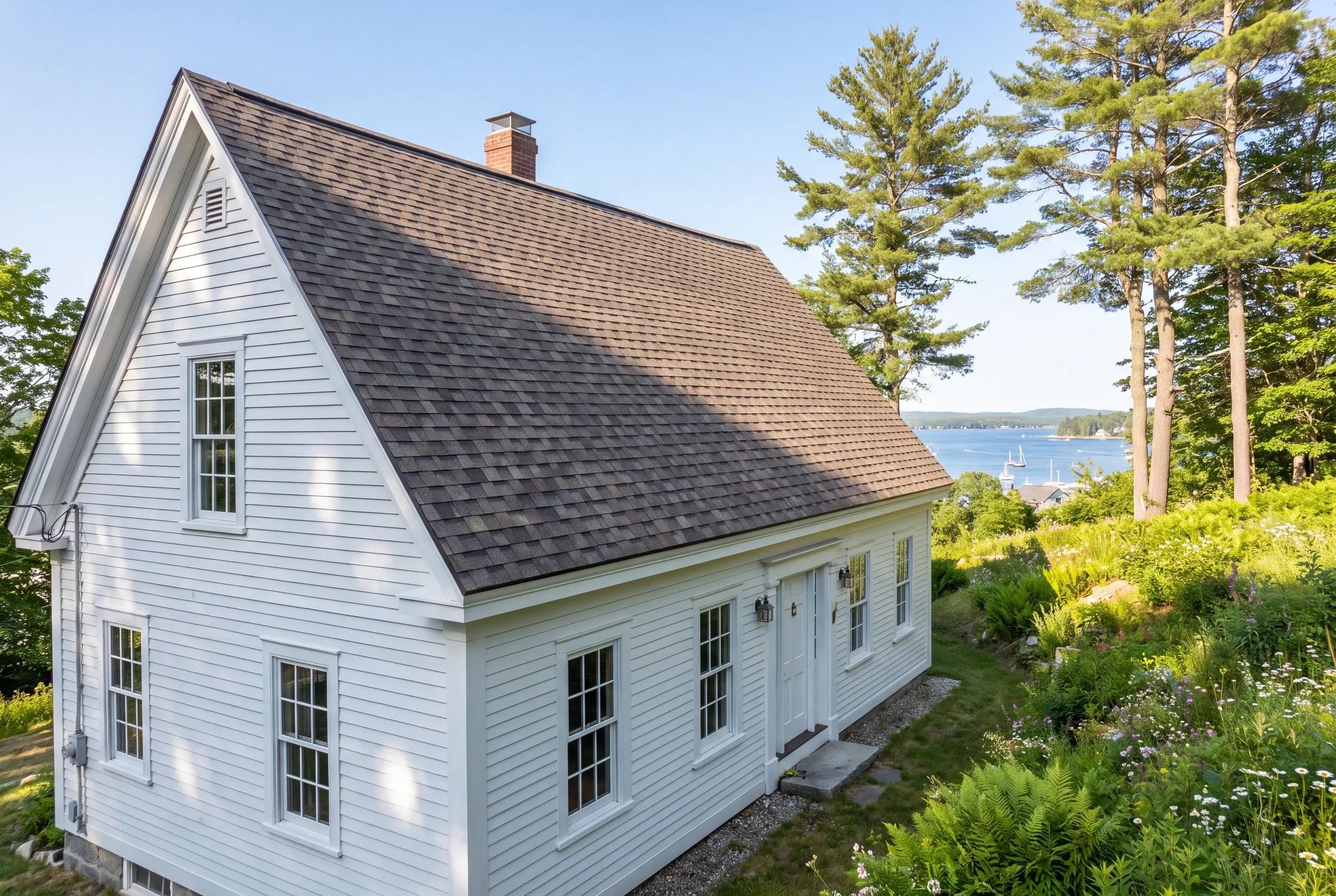 Residential roofing contractor Belfast Maine: white cape with a chimney on a wooded slope overlooking water and moored boats