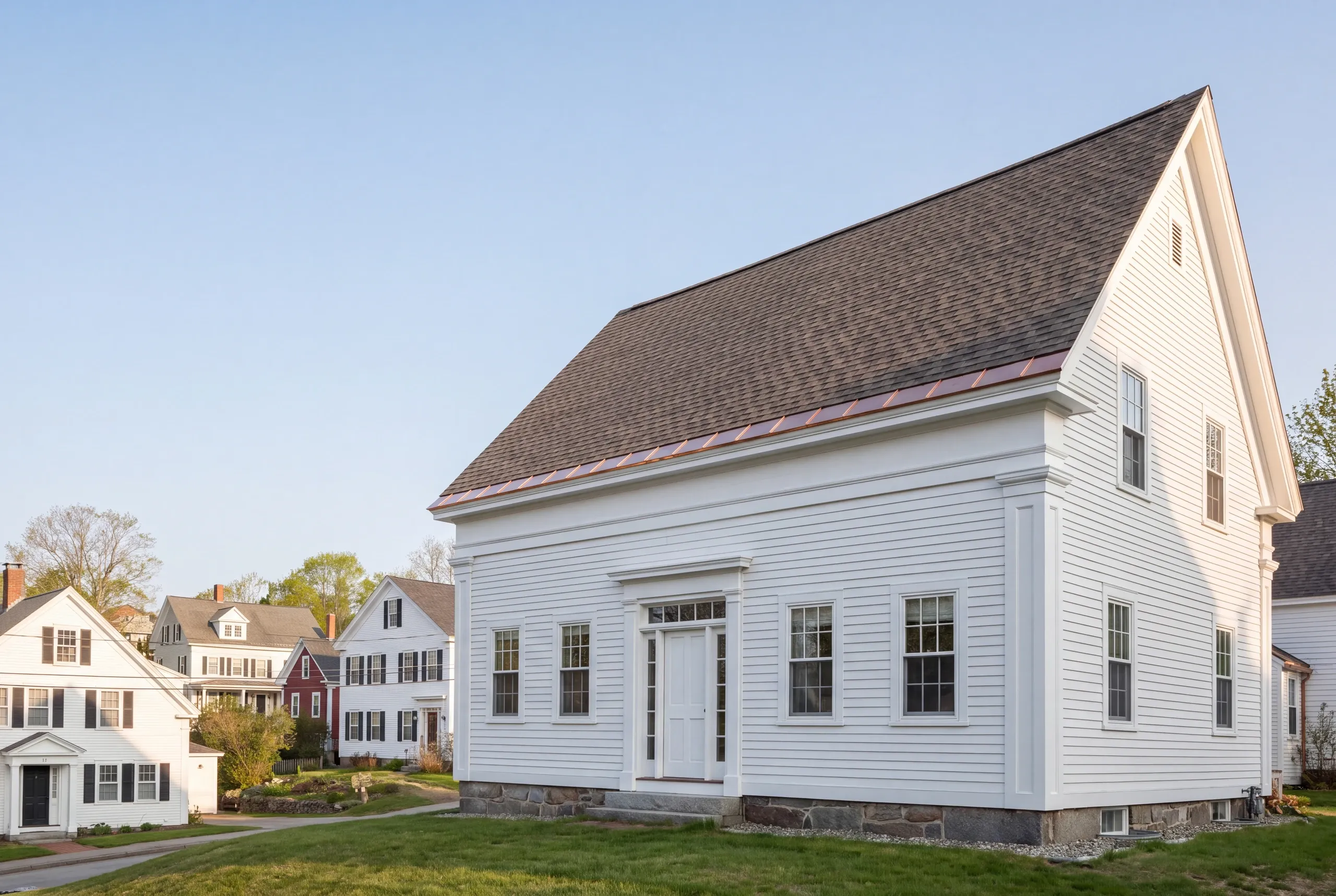 Roof replacement contractor Belfast Maine: white two-story gable-front house with a copper eave strip in a village of older homes