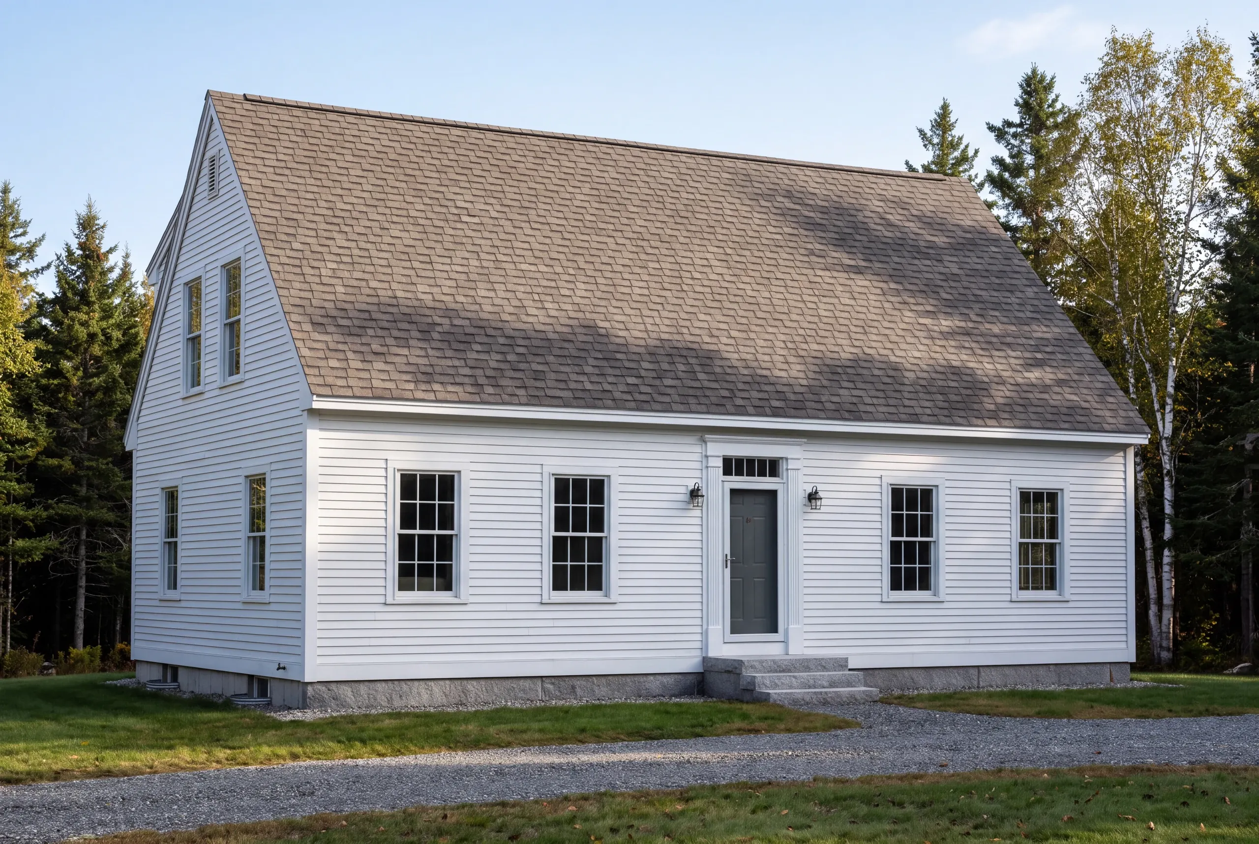 Roofing contractor in Bucksport, ME: white story-and-a-half house with gray shingles on a granite foundation by the woods