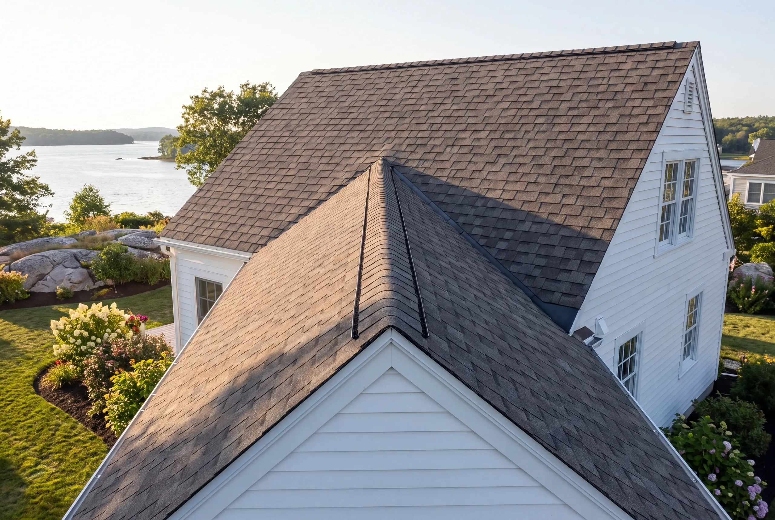 Residential roofing contractor Bucksport Maine: aerial view of a white story-and-a-half house with intersecting gables near the water
