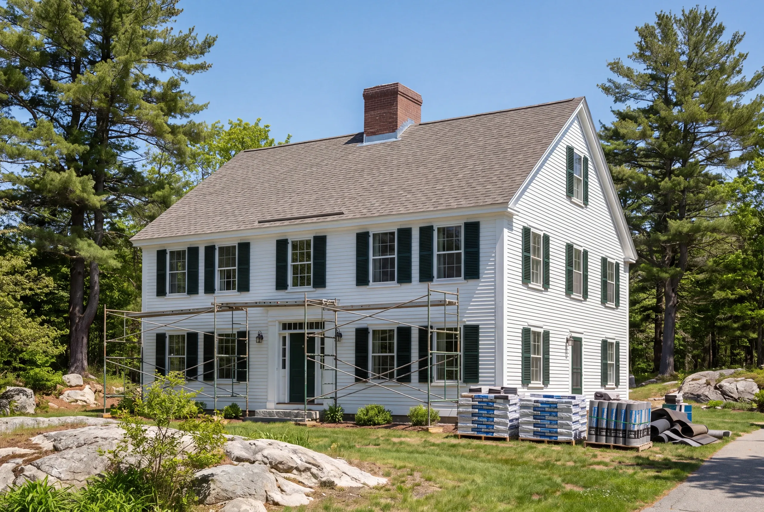 Roofing contractor in Camden, ME: white colonial with green shutters, scaffolding and pallets of shingles for a reroof