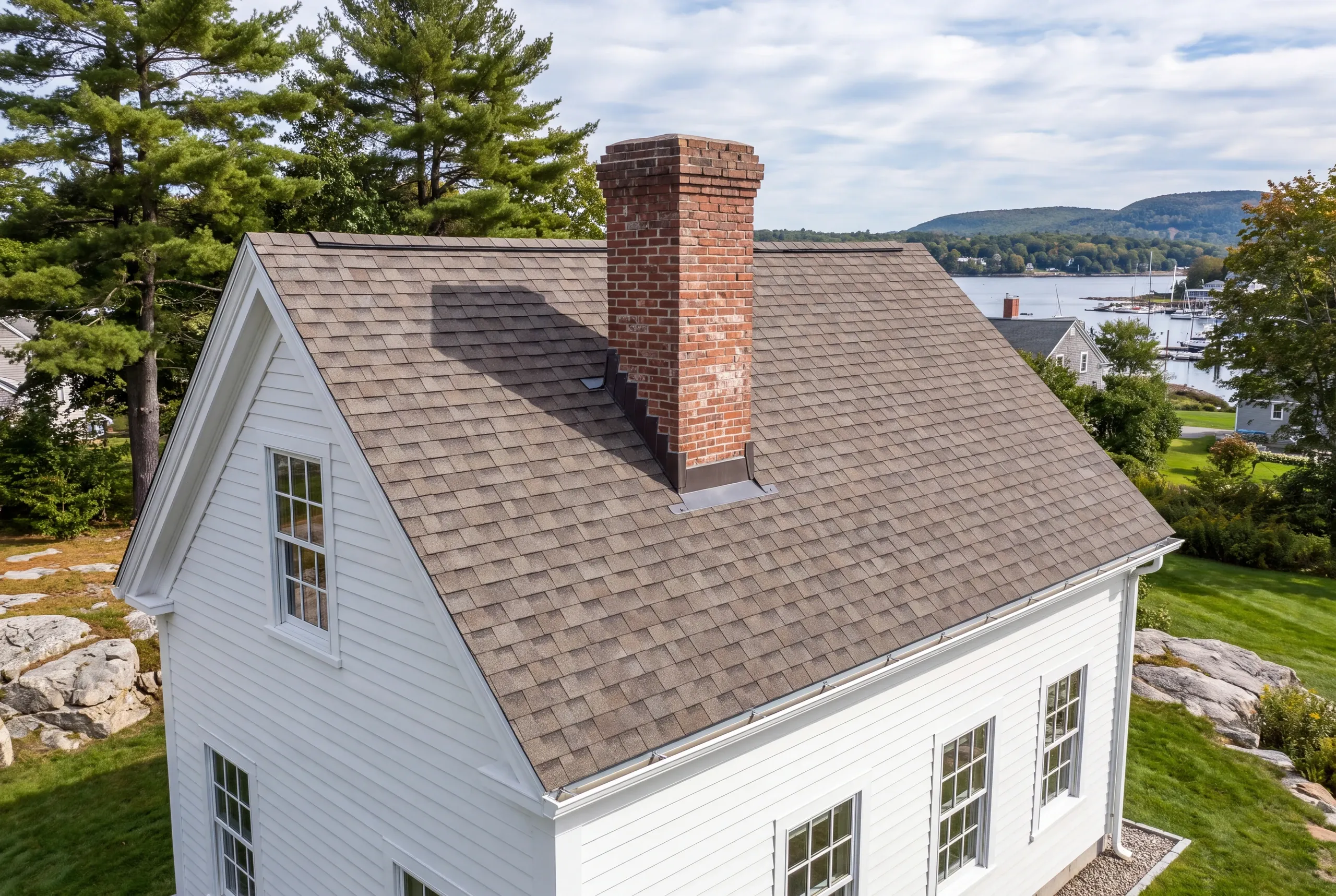 Residential roofing contractor Camden Maine: white cape with a large brick chimney above a harbor with moored boats