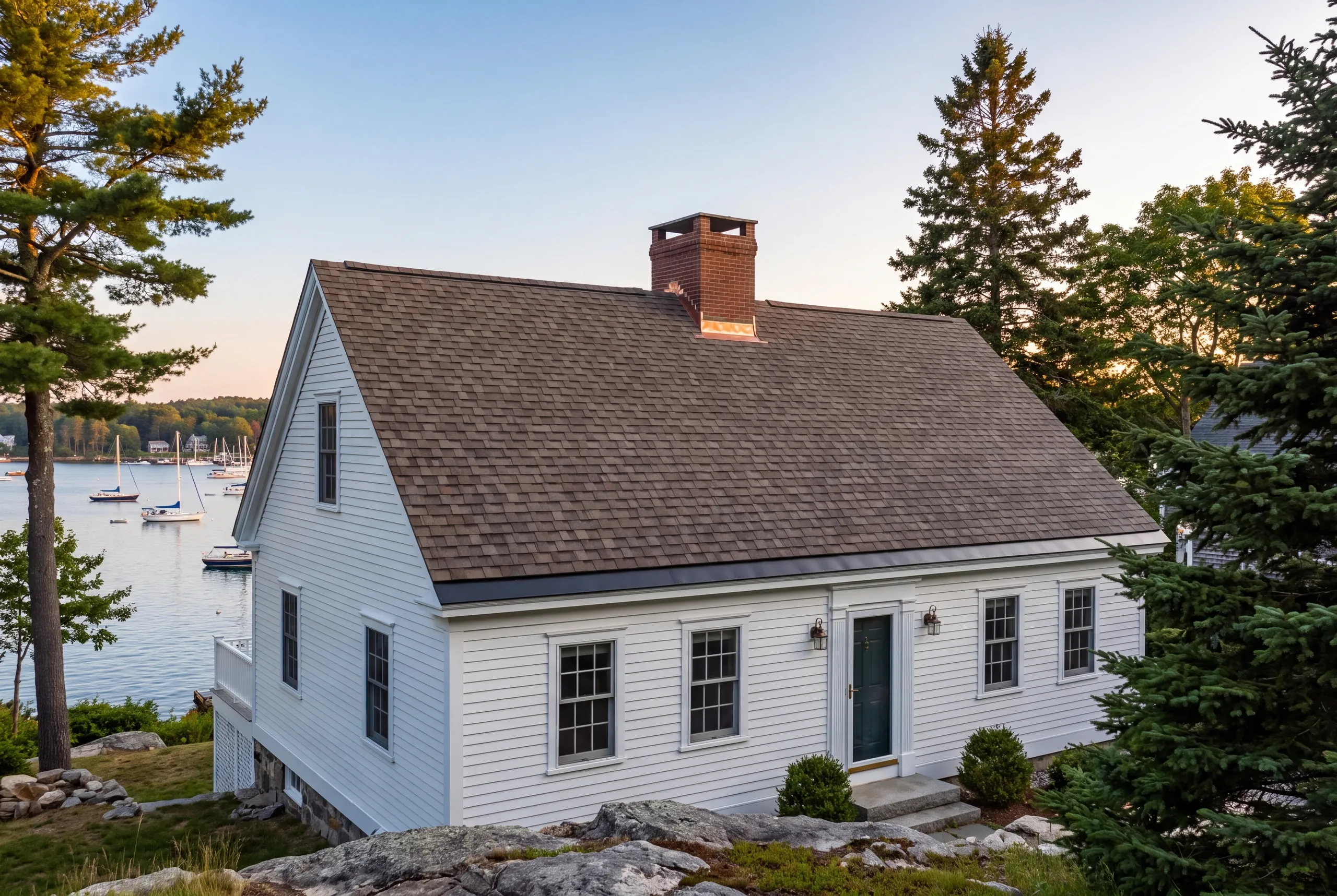 Roof replacement contractor Camden Maine: white cape with a brick chimney on a ledge above a harbor full of sailboats