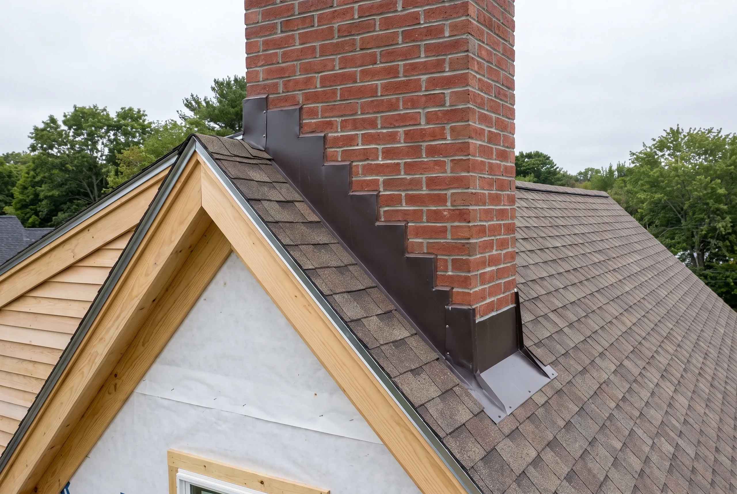 Roofing contractor Camden Maine: brick chimney with stepped metal flashing where a wrapped gable meets the brown shingle roof