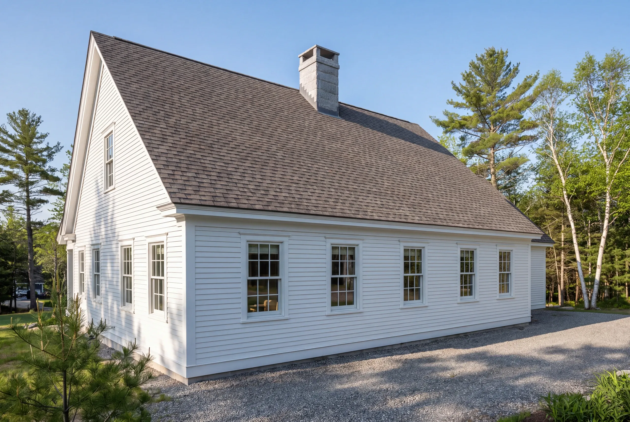 Residential roofing contractor Camden Maine: white story-and-a-half house with a light chimney, gravel drive and birch trees