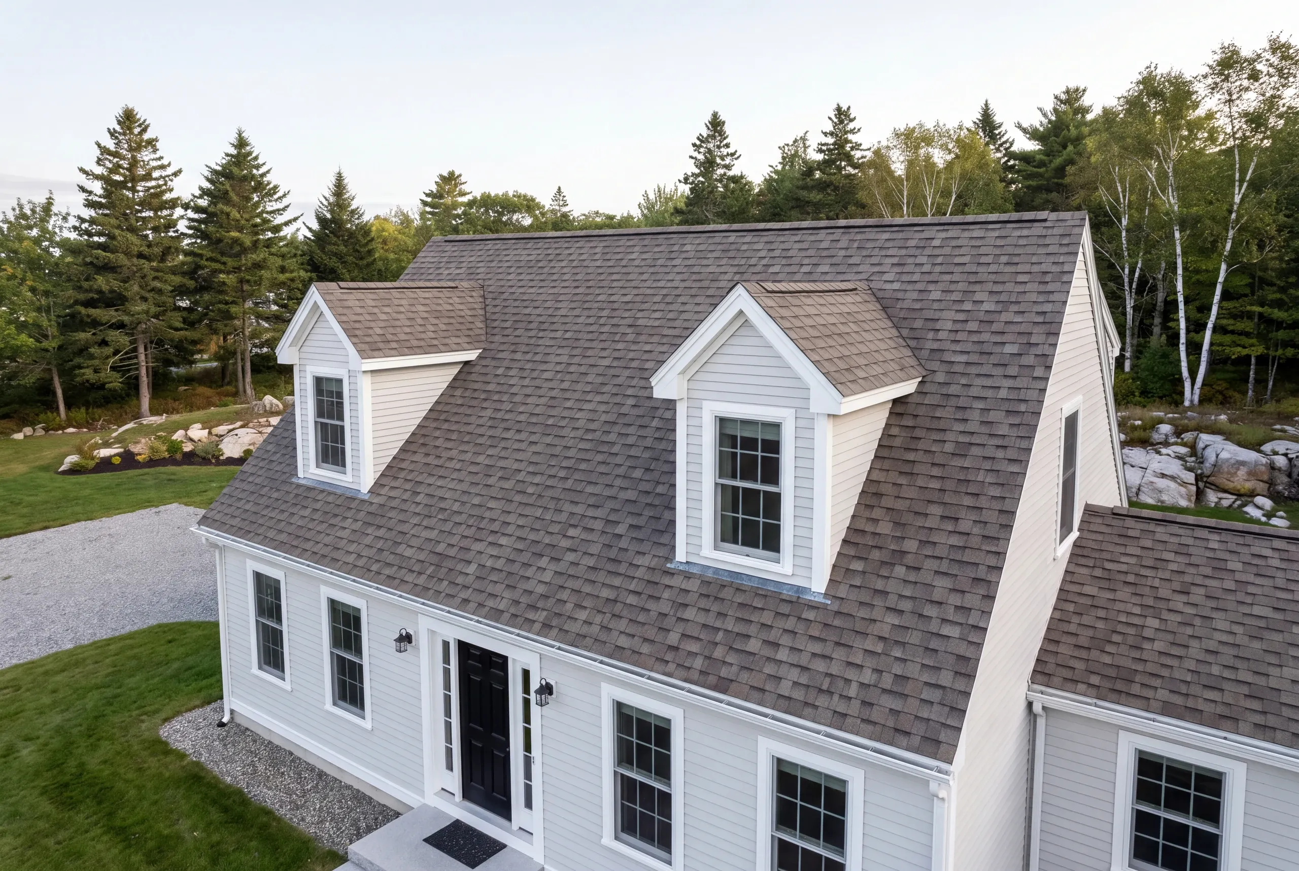 Roof replacement contractor Camden Maine: cape with two gable dormers on a ledge lot with a gravel drive