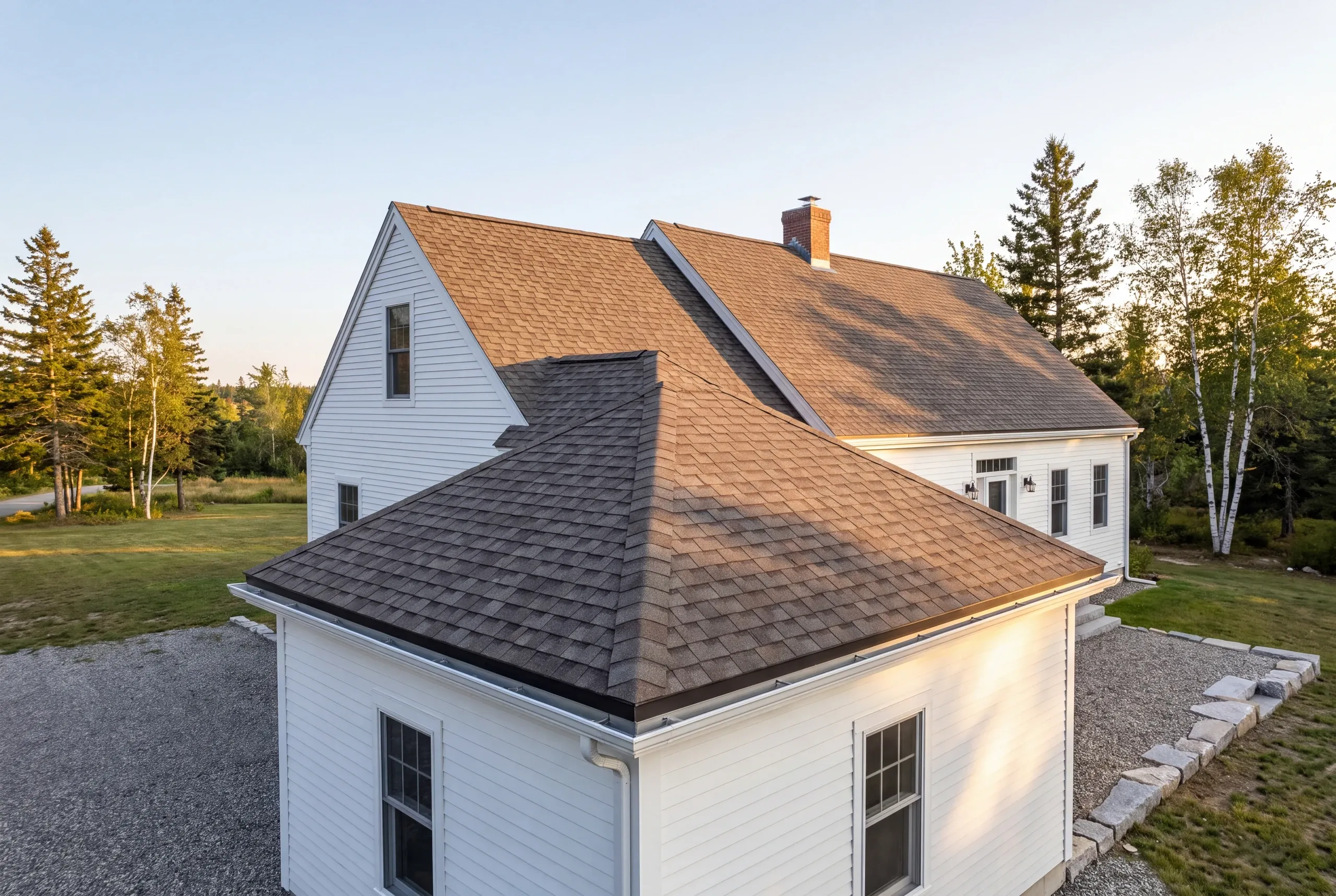 Roofing contractor Midcoast Maine: white lap-sided cape with a hip-roof wing, brown architectural shingles and a brick chimney by birches