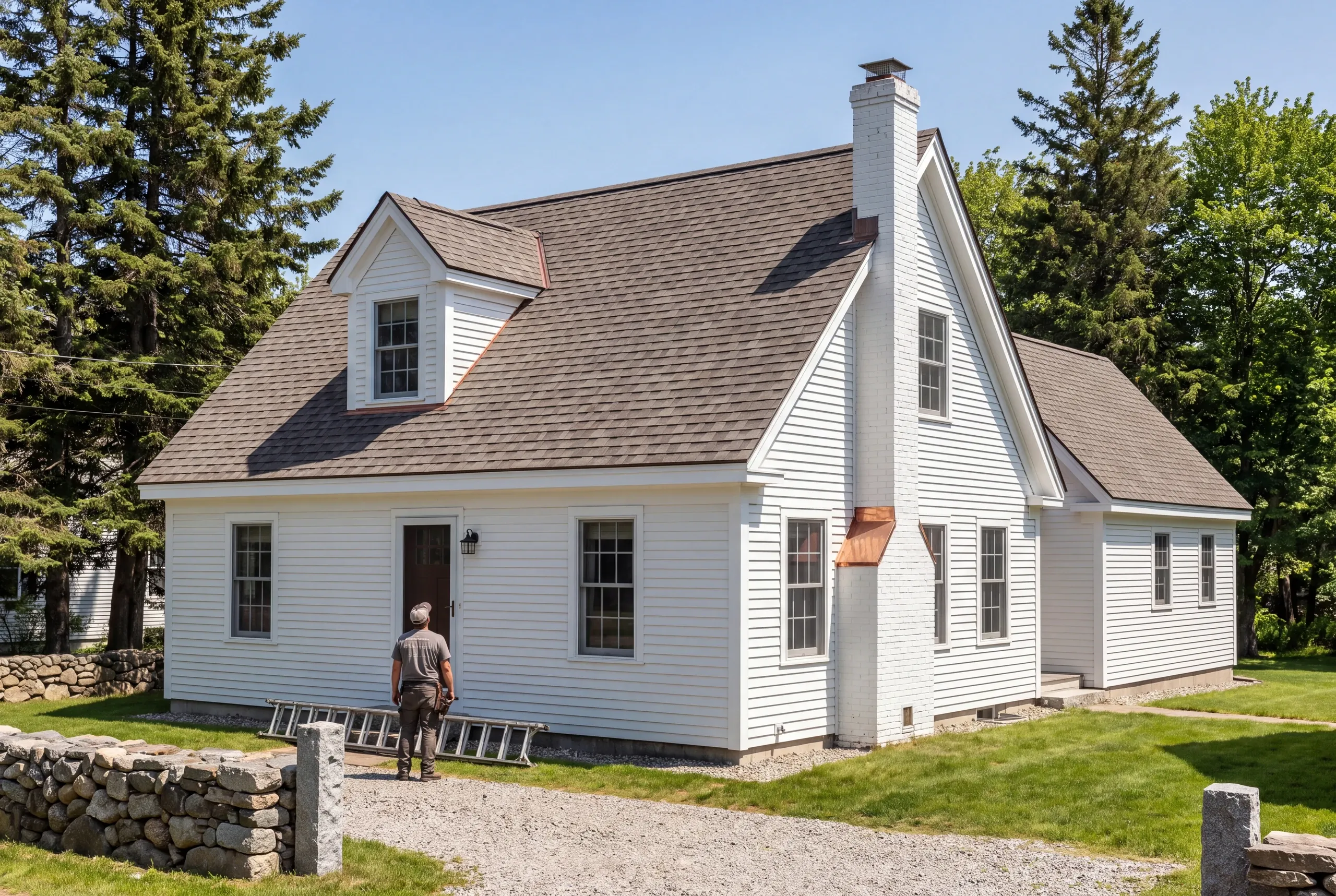 Roofing contractor in Damariscotta, ME inspecting a second home roof before winter