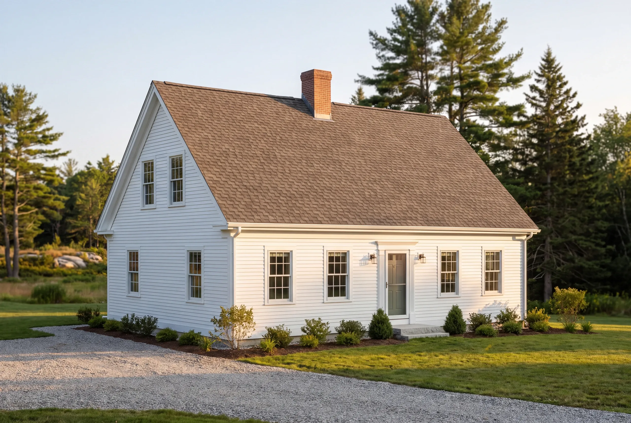 Roof replacement contractor Damariscotta Maine: white cape with a central chimney, gravel drive and shrubs under tall pines