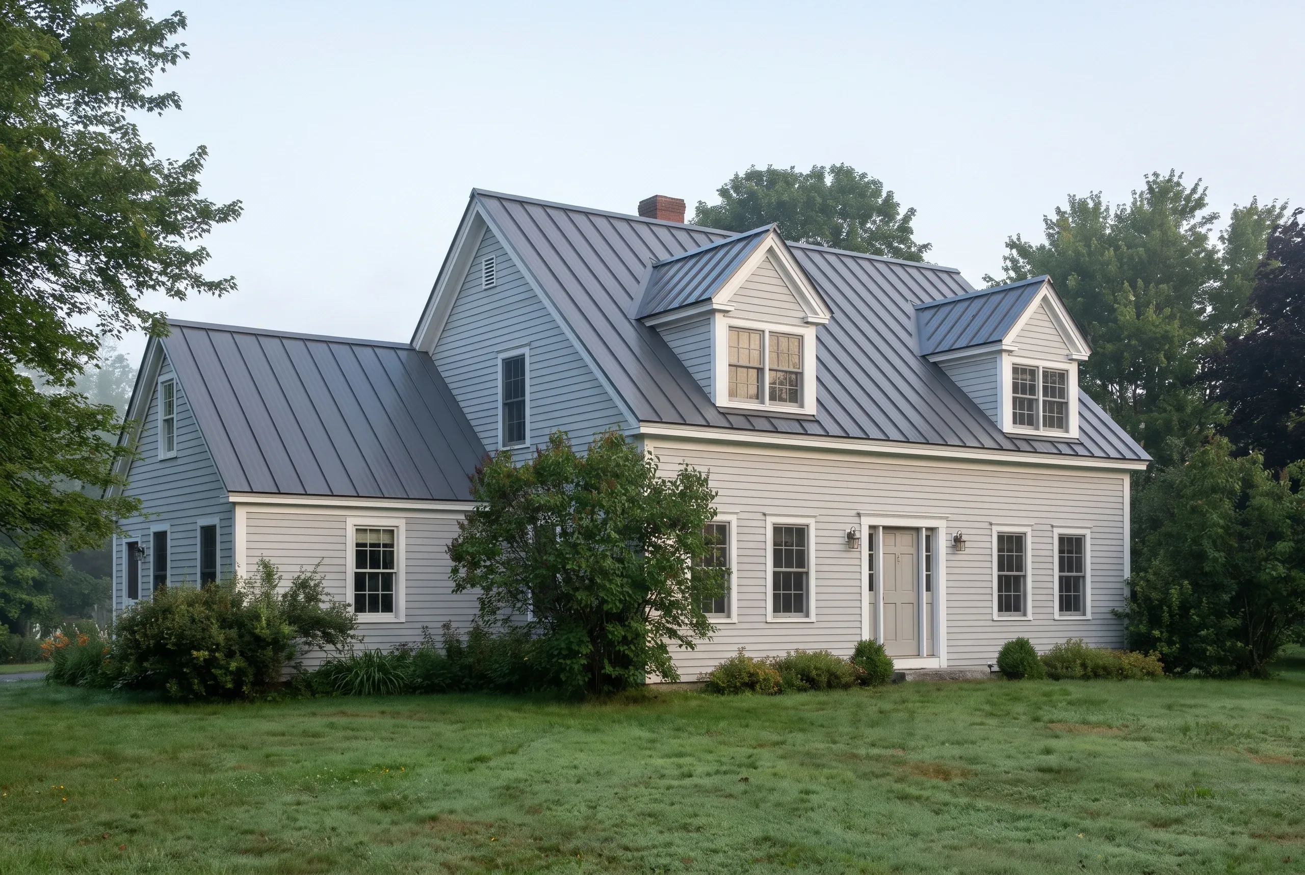 Roofing contractor Damariscotta Maine: white clapboard cape with dark standing-seam metal roof, brick chimney and two front dormers