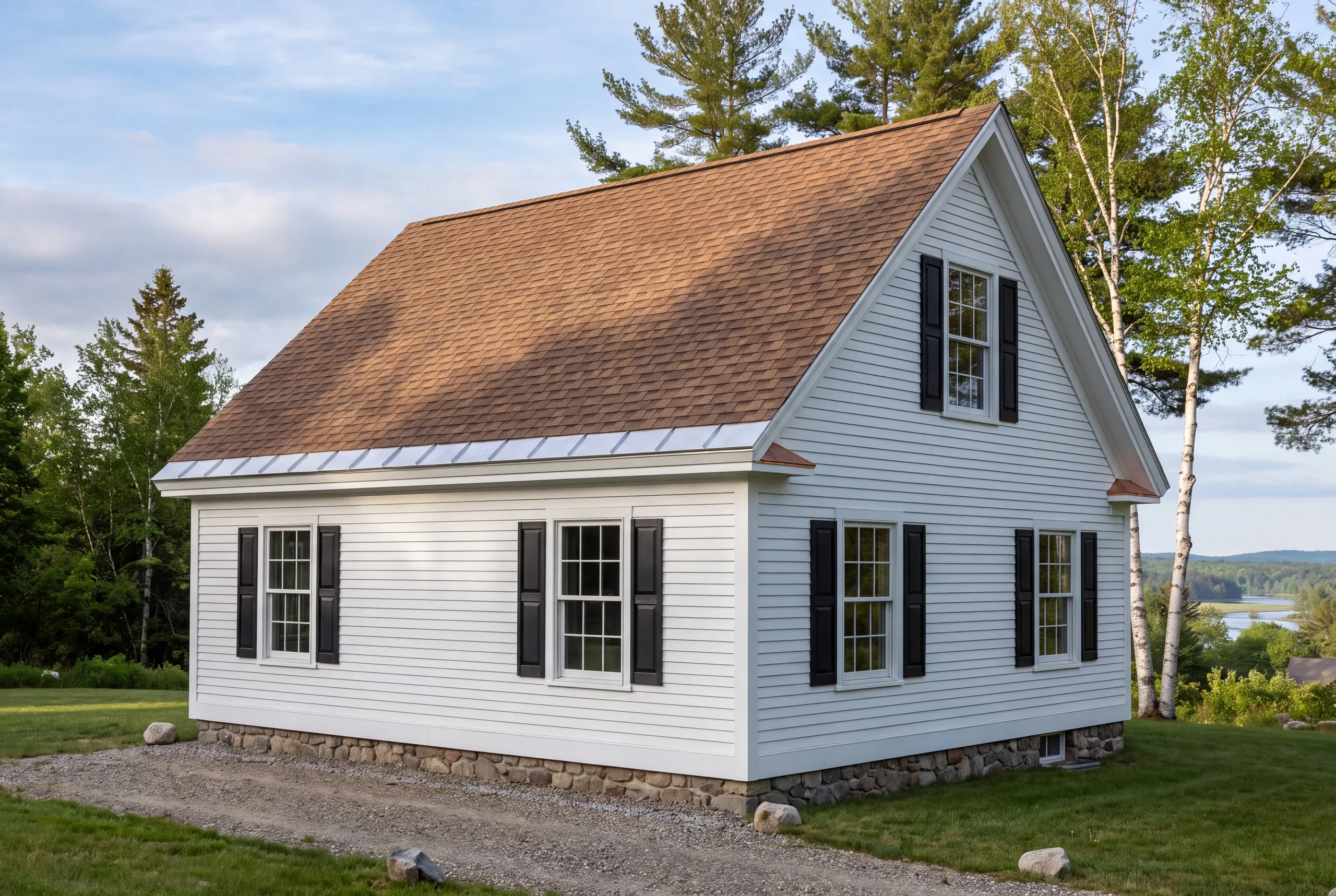Residential roofing contractor Damariscotta Maine: white cape with brown architectural shingles, black shutters and stone foundation near water