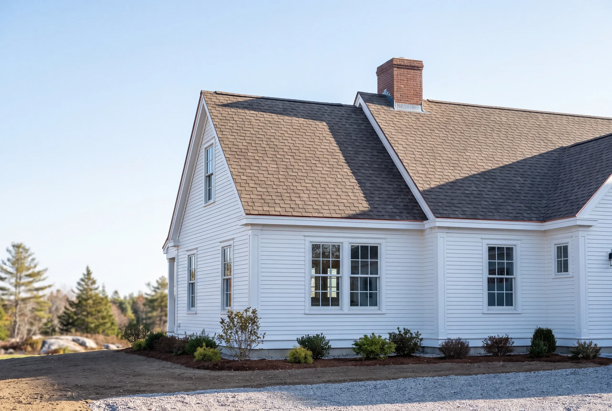 Roof replacement contractor Damariscotta Maine: white cape with a brick chimney and intersecting gables over mulched beds and gravel