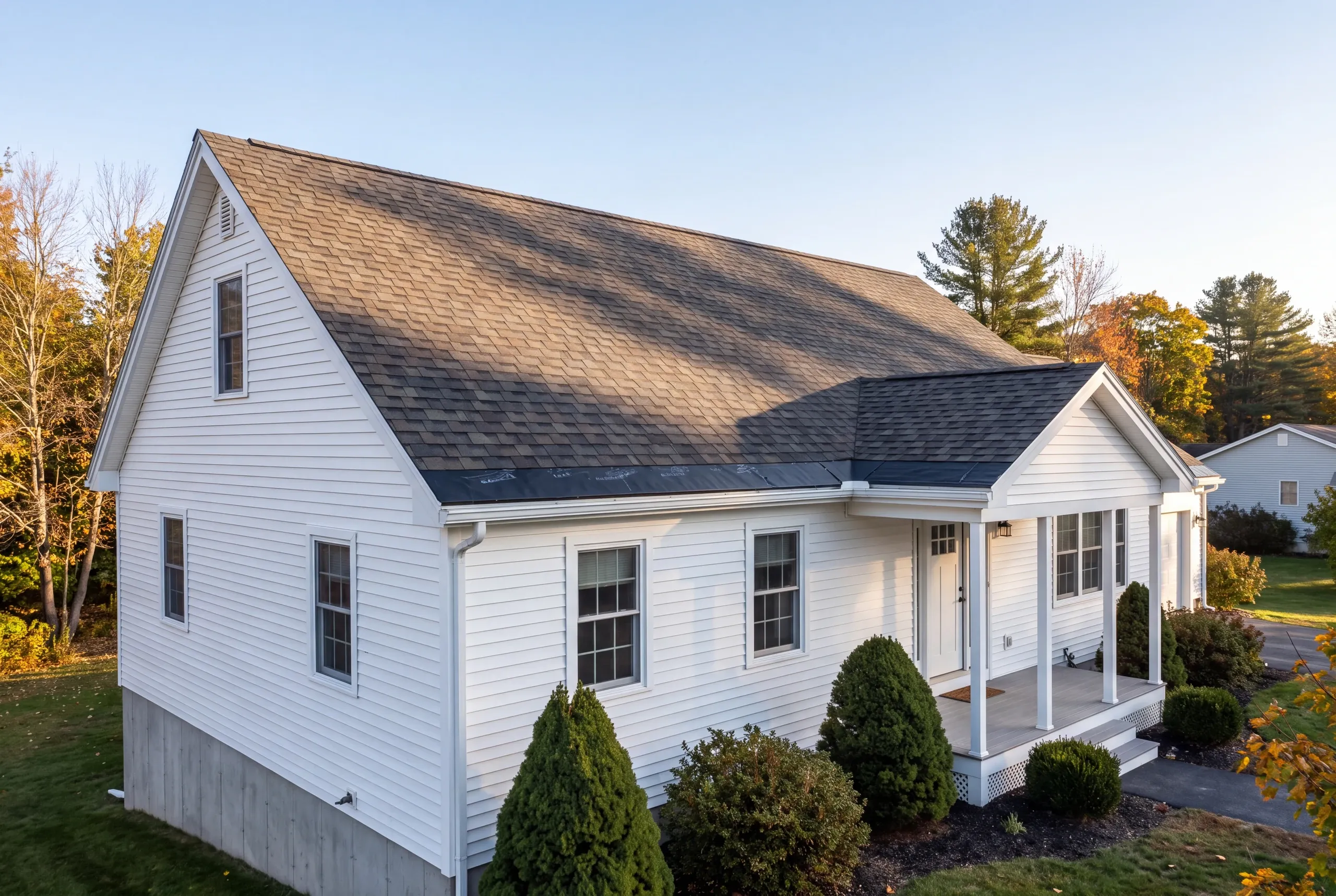 Roofing contractor in Fairfield, ME: white raised cape with gray shingles, porch columns and exposed concrete foundation
