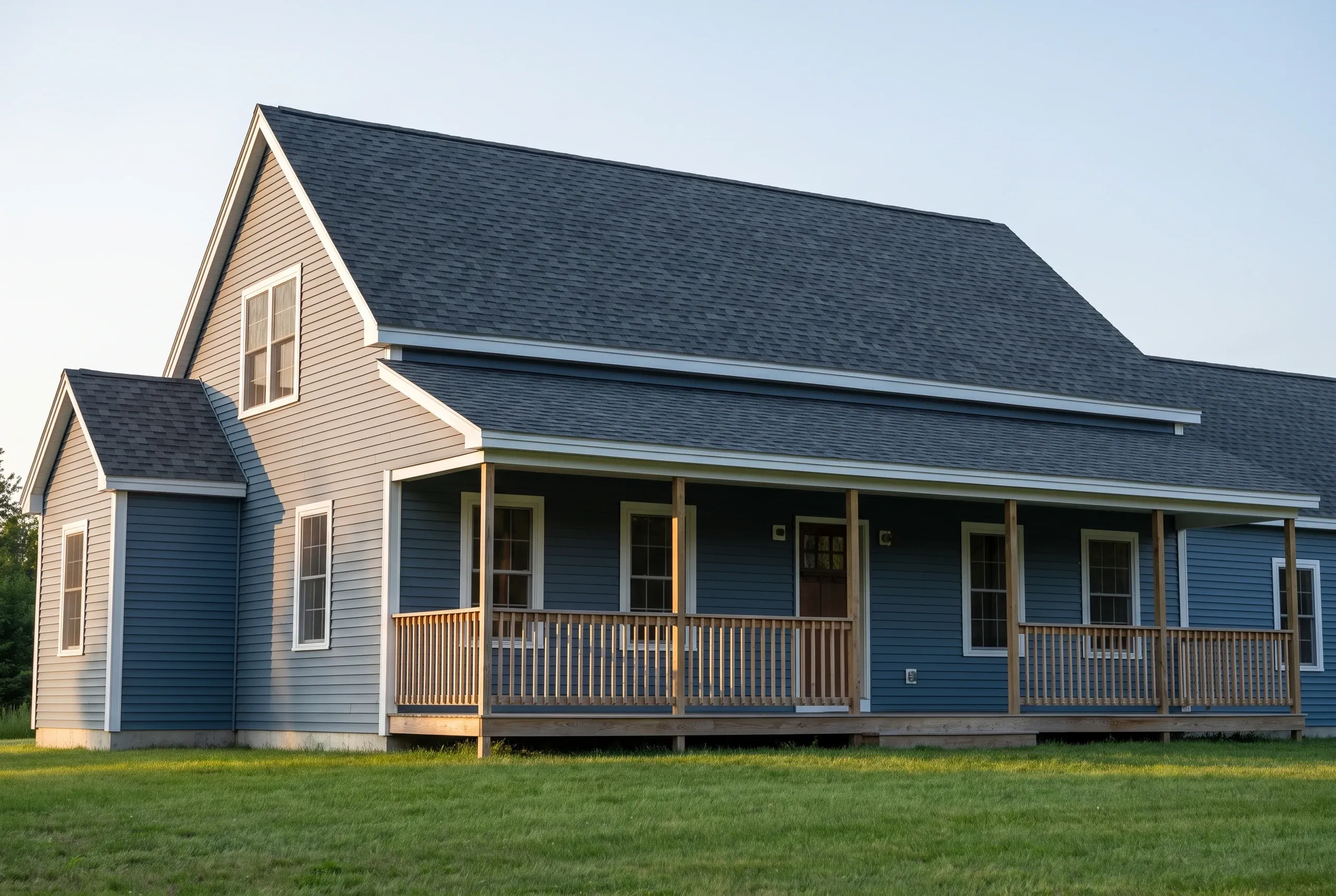 Roofing contractor Fairfield Maine: blue farmhouse with gray architectural shingle roof, front dormer and wraparound covered porch