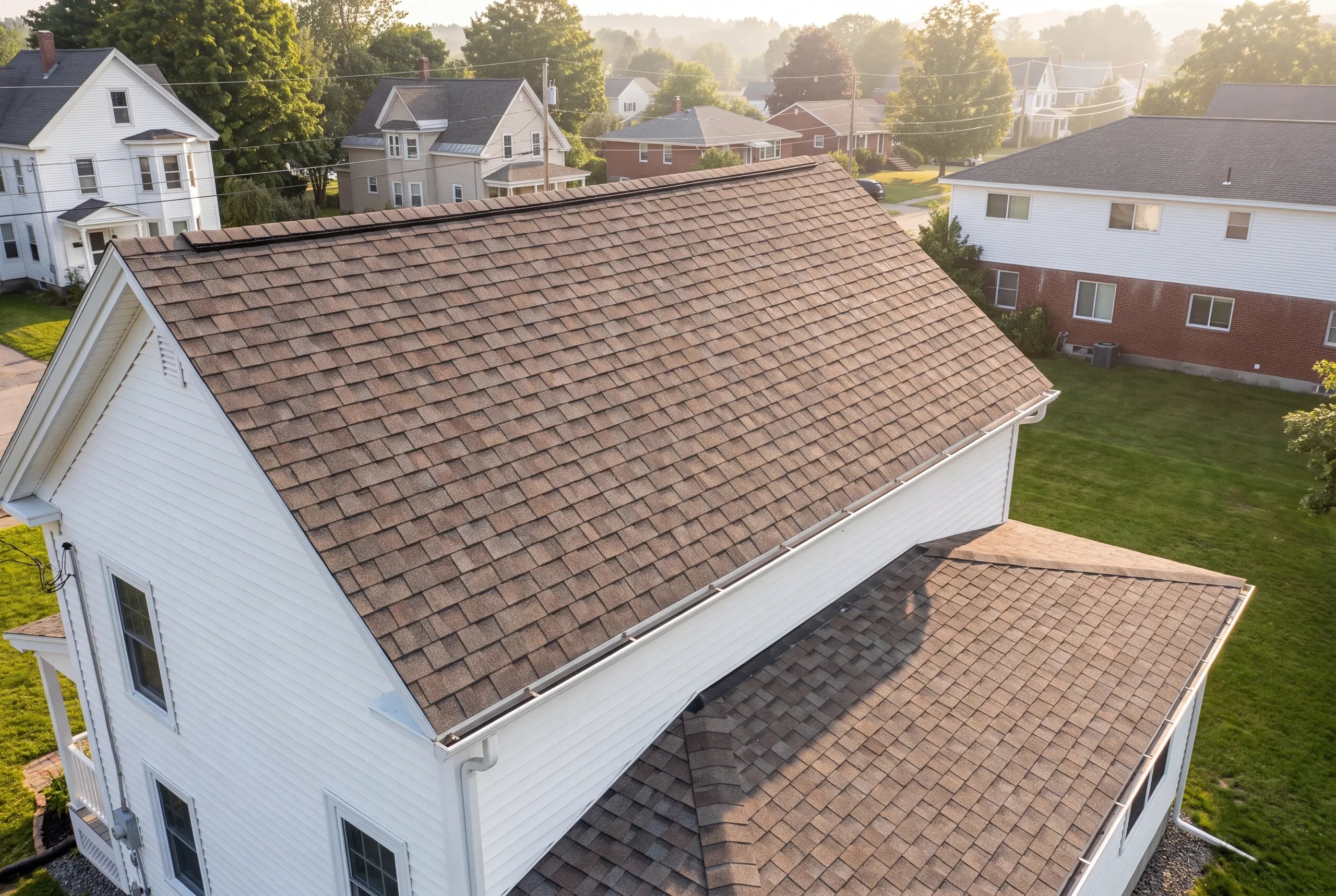 Residential roofing contractor Fairfield Maine: aerial view of a white farmhouse and attached section with brown-tan shingle roofs
