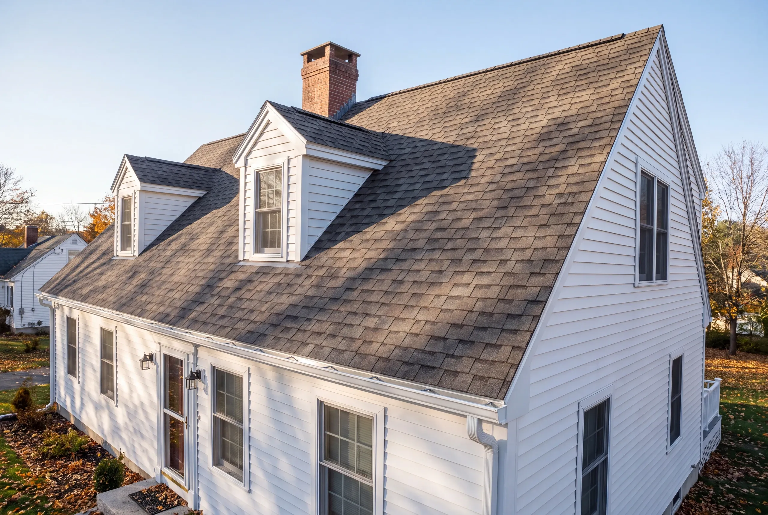 Roofing contractor in Gardiner, ME: white cape with two gable dormers, center chimney, gutters and downspouts in autumn