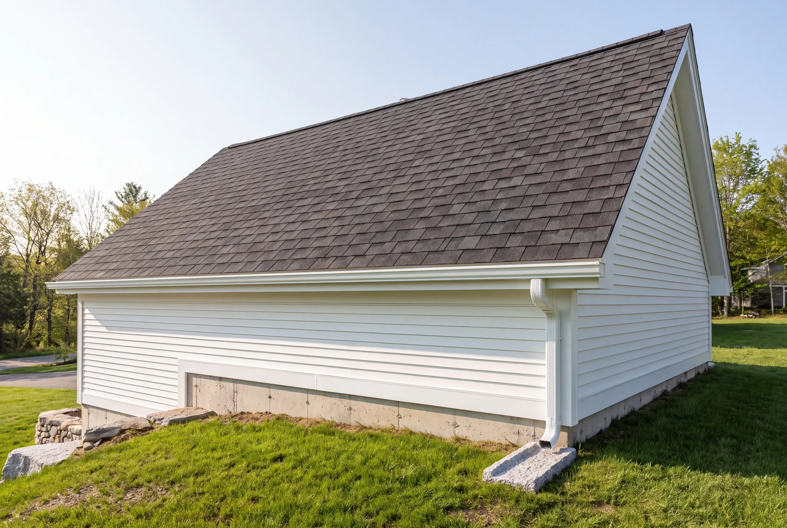 Residential roofing contractor Gardiner Maine: long white sided building with dark shingle roof, gutter and downspout on a splash block