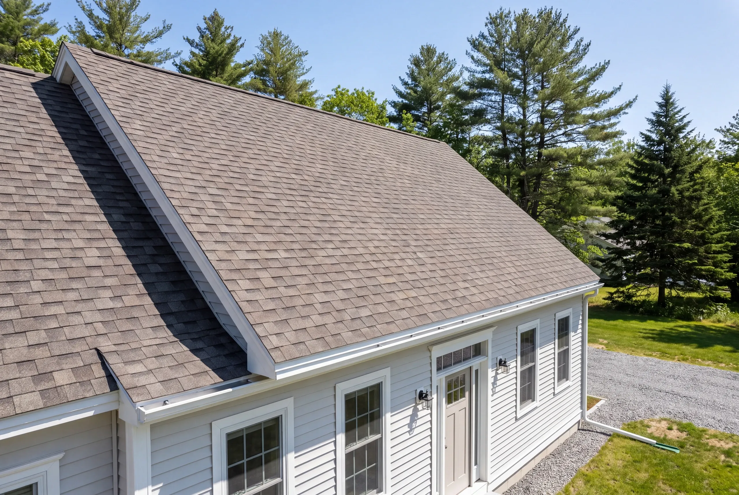 Roof replacement contractor Gardiner Maine: aerial view of a cape roof with white gutters and a downspout extension across the lawn