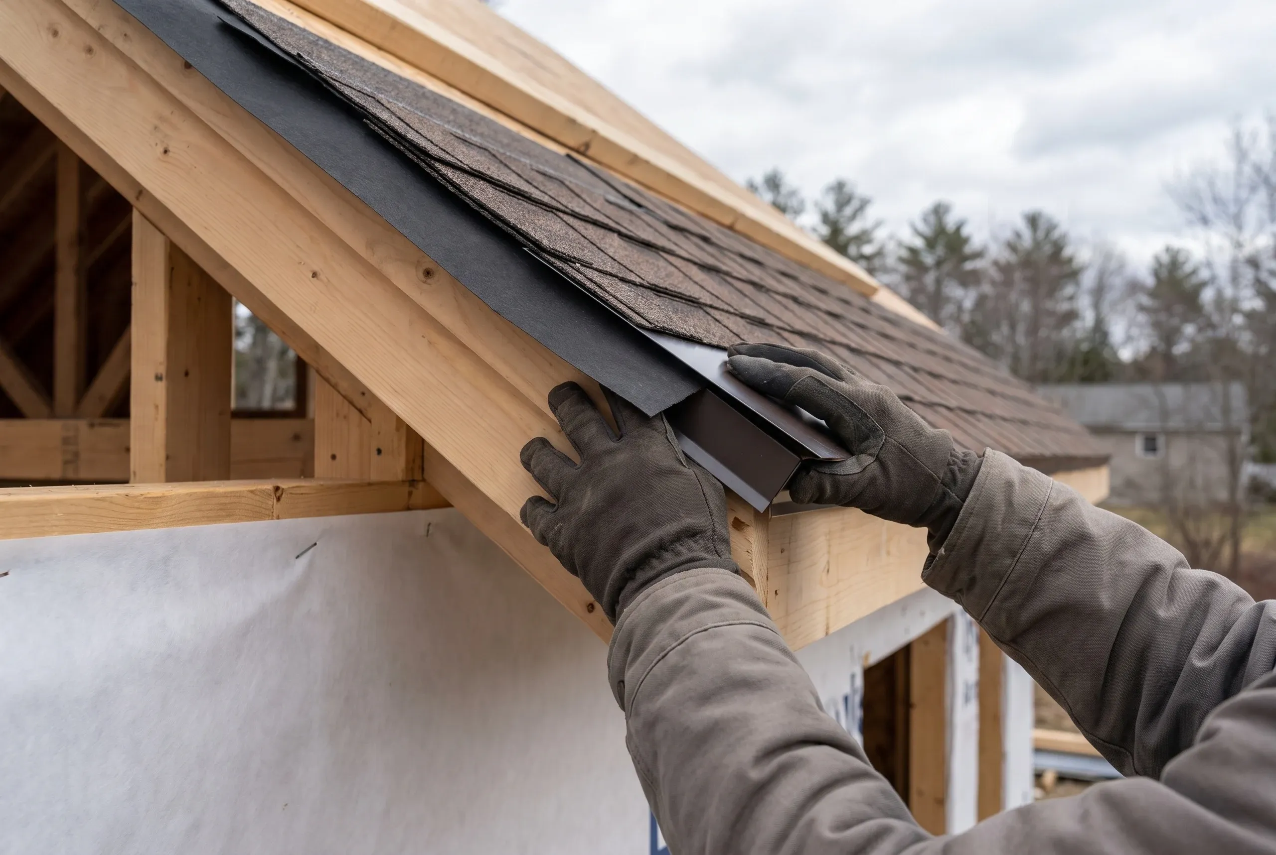 Roofing contractor Gardiner Maine: gloved hands fitting metal edge flashing along the roof edge beside new brown shingles