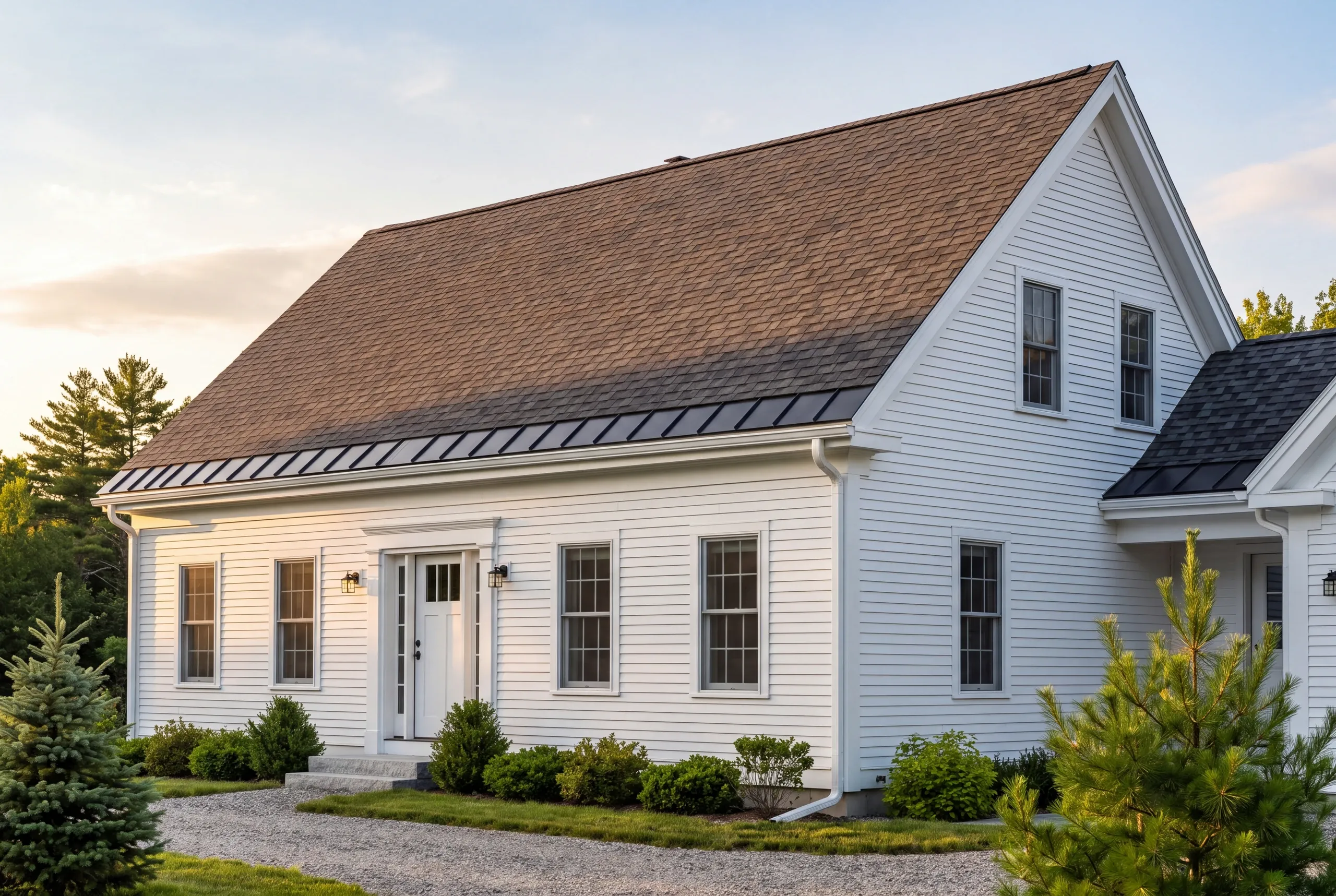Residential roofing contractor Gardiner Maine: white cape with brown shingles, black metal eave band, white gutters and downspouts