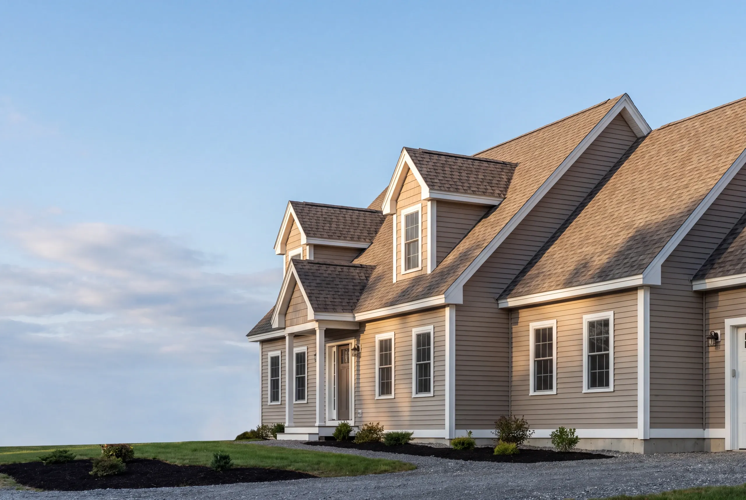 Roof replacement contractor Gardiner Maine: tan-sided two-story house with several gables, dormers and a brown shingle roof