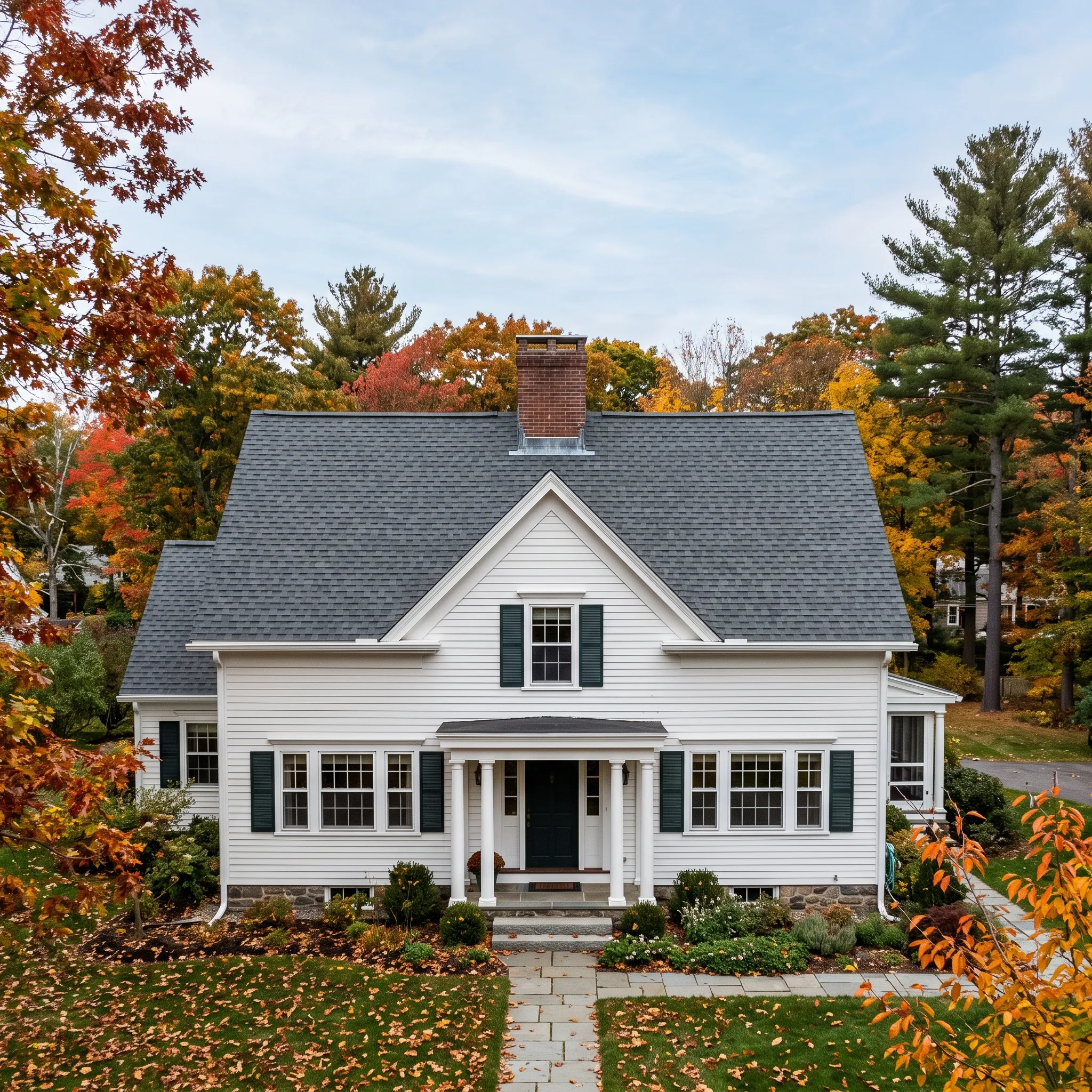 Roof replacement contractor Midcoast Maine: white clapboard colonial with gray arch shingles, flashed brick chimney and dark green shutters