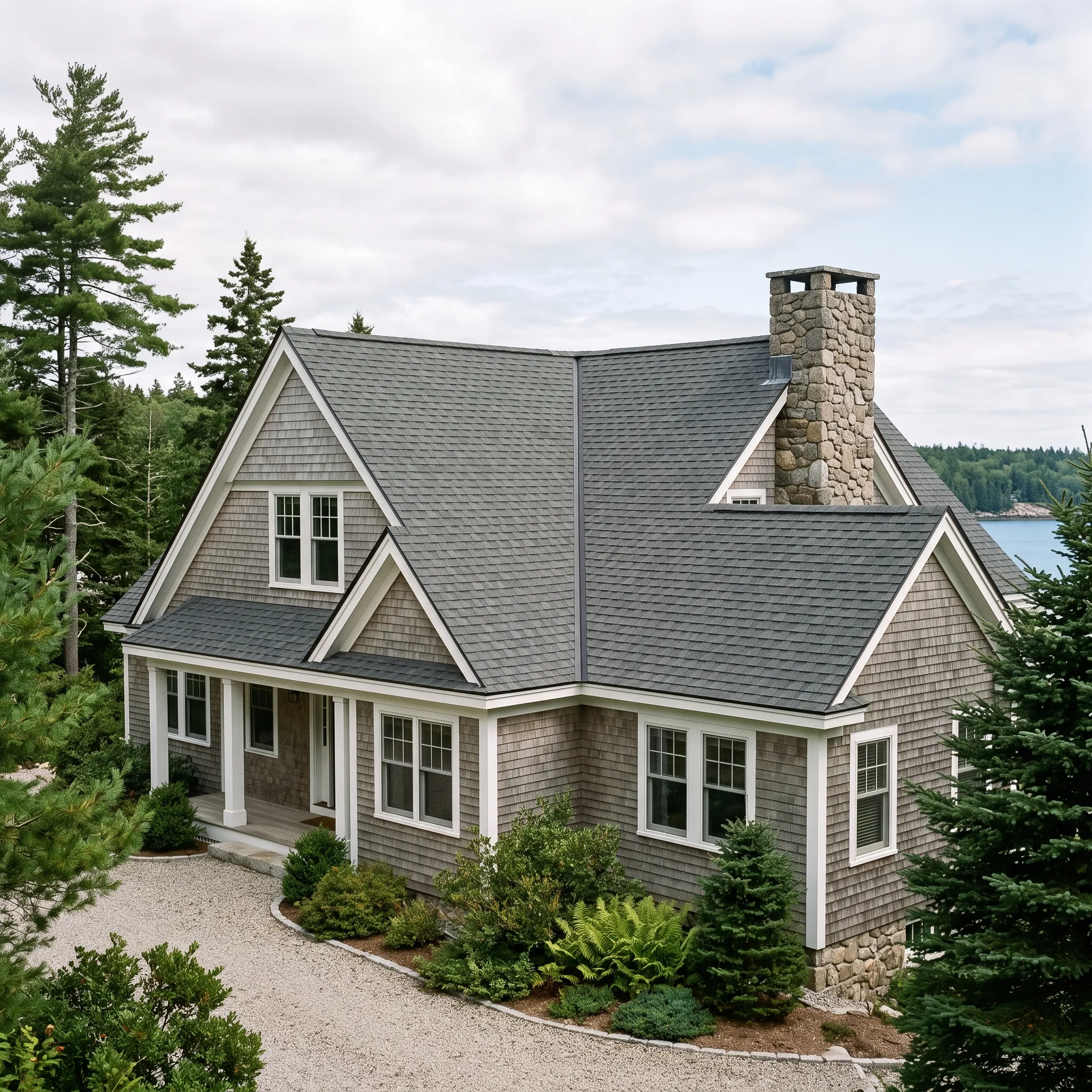 Roofing contractor Midcoast Maine: cedar shingle cottage with charcoal architectural shingles, metal valley and a flashed fieldstone chimney