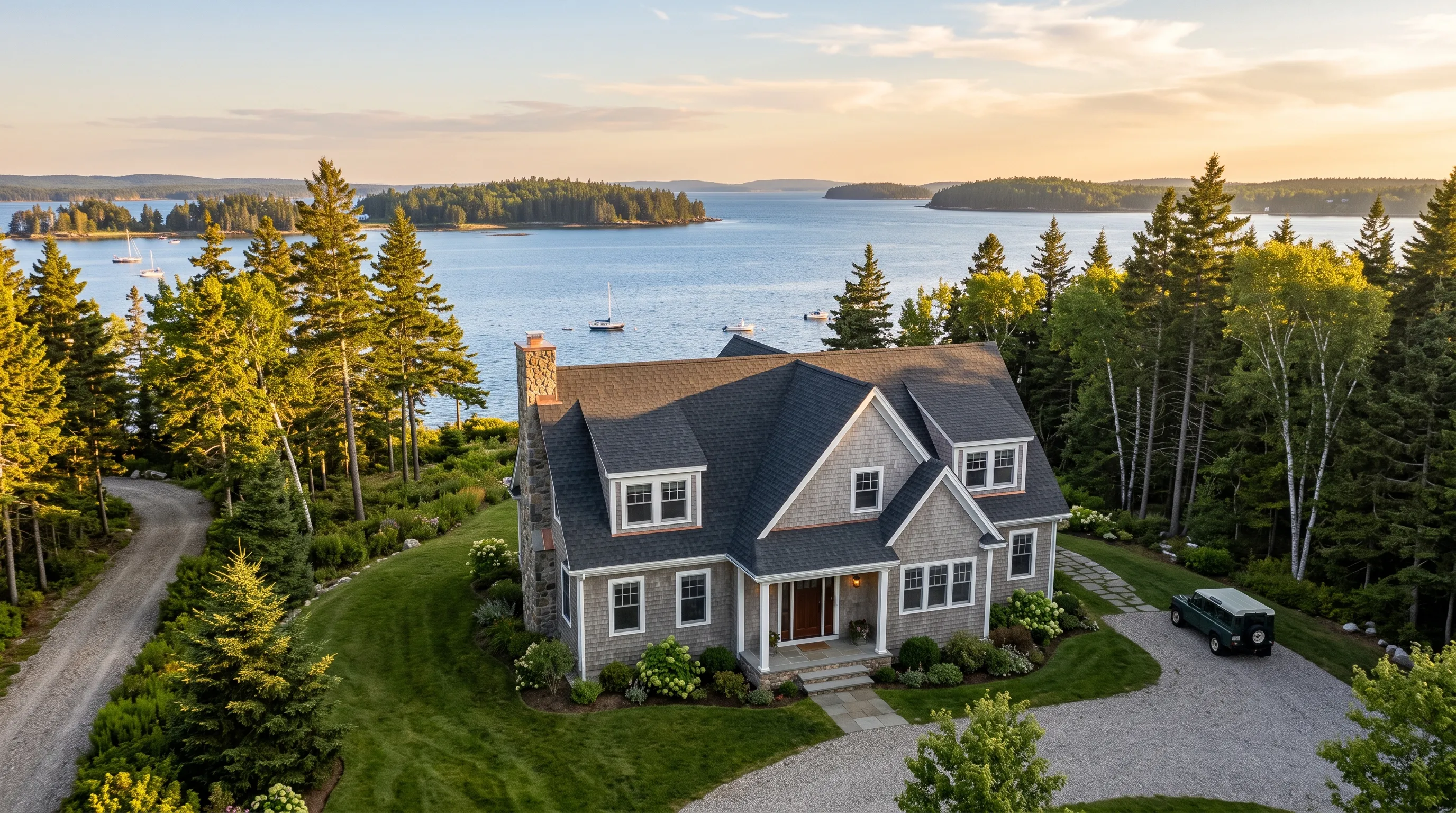 Residential roofing contractor Midcoast Maine: cedar shingle cape with three dormers and a fieldstone chimney above a harbor at sunset