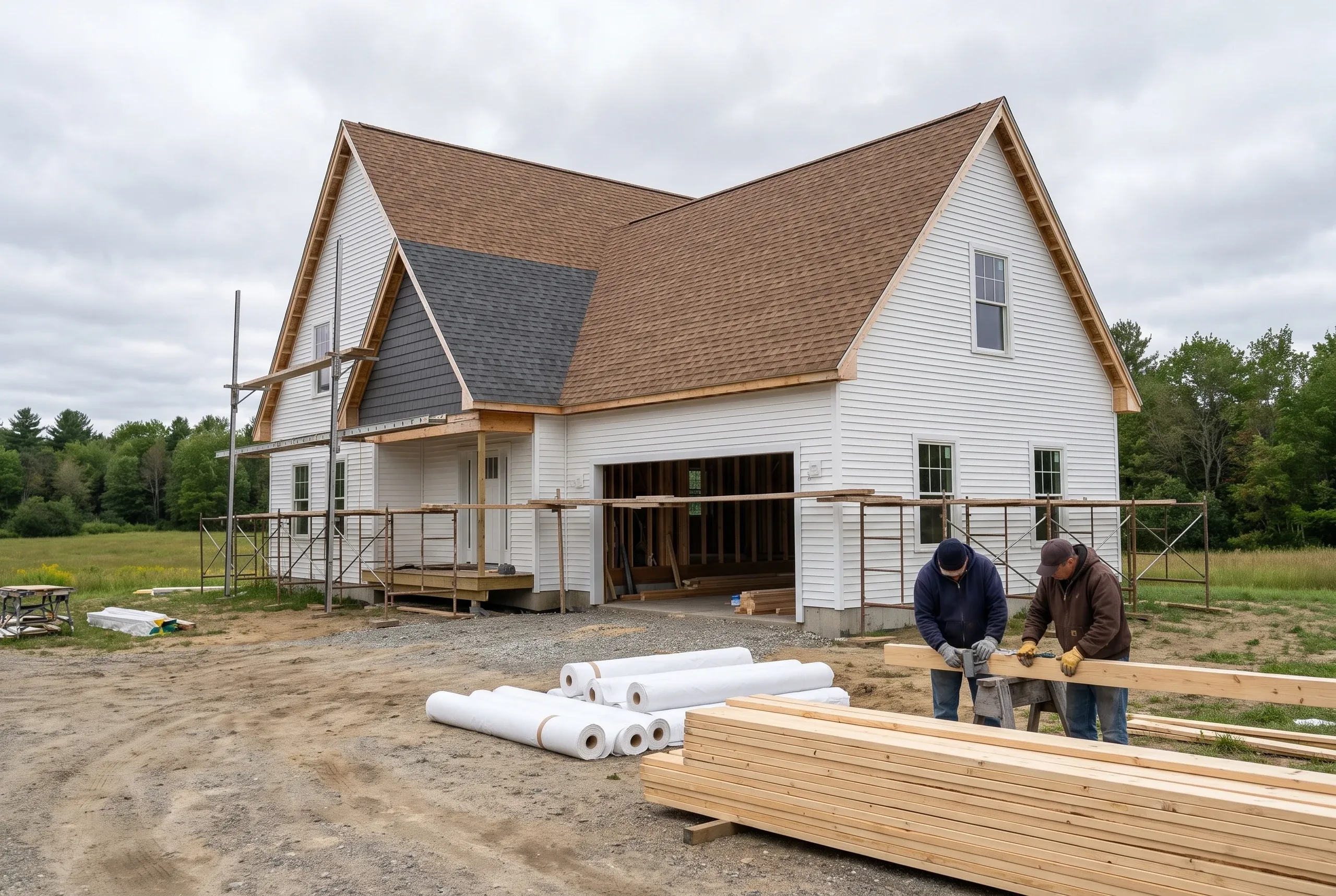 Roof replacement contractor Midcoast Maine: white farmhouse with a brown arch shingle cross gable, scaffolding and framers working lumber in the drive