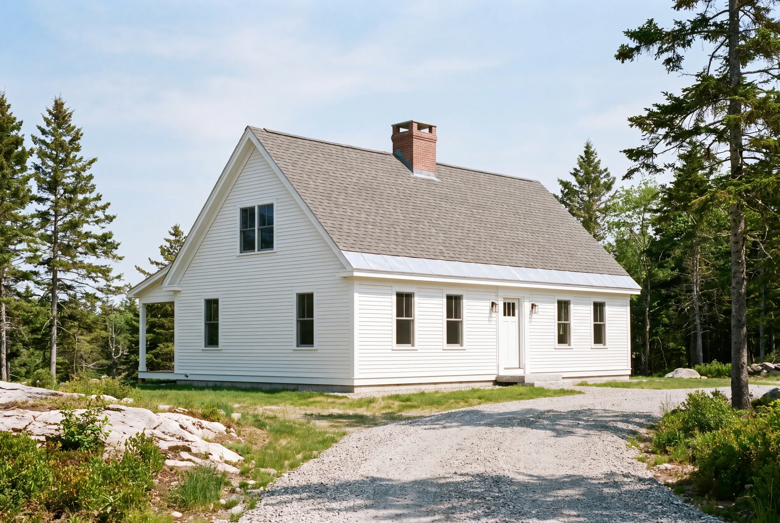 Roofing contractor in Lincolnville, ME: white story-and-a-half house with brick chimney and gray shingles on a ledge lot