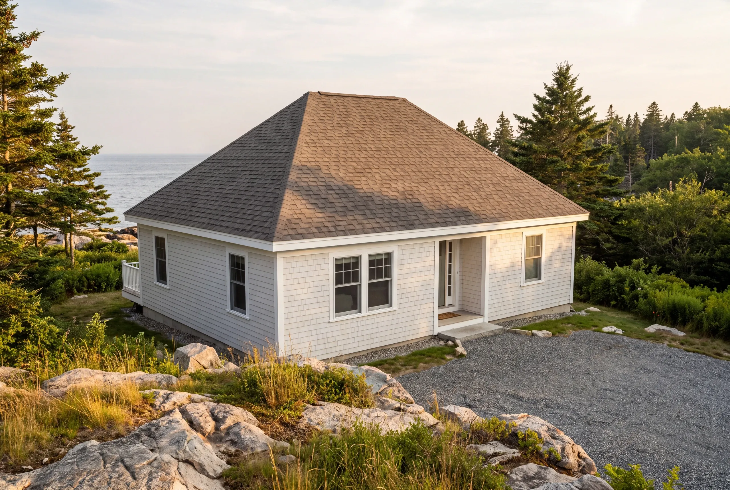 Roof replacement contractor Lincolnville Maine: white hip-roof cottage on a rocky ledge above the ocean with a gravel drive