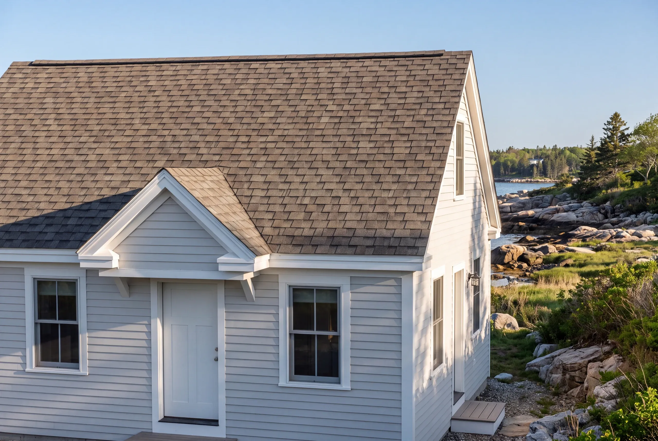 Residential roofing contractor Lincolnville Maine: white cape with a front gable entry beside a rocky shoreline and open water