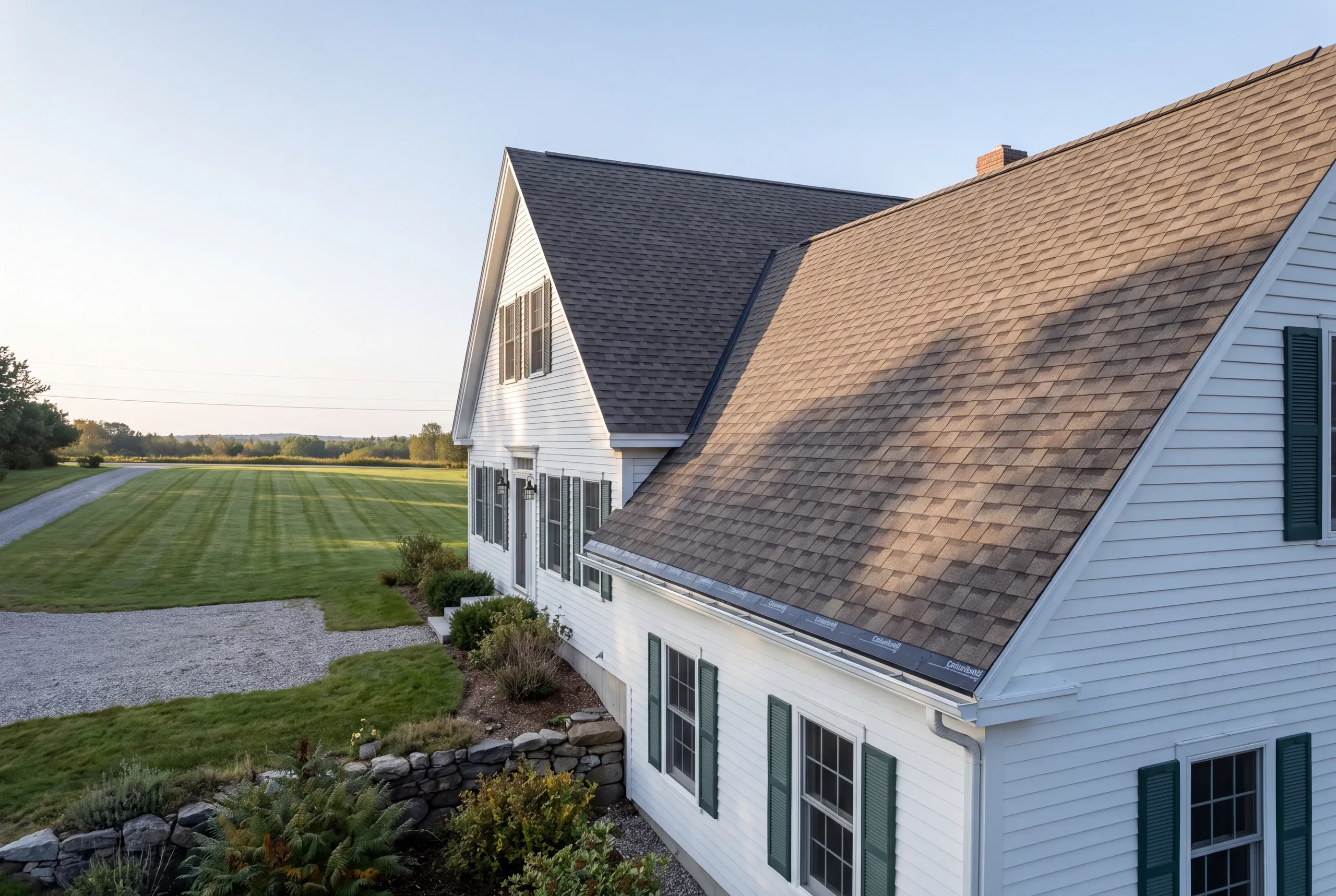 Roof replacement contractor Lincolnville Maine: aerial view of a white cape with green shutters, side section and gravel drive by a field