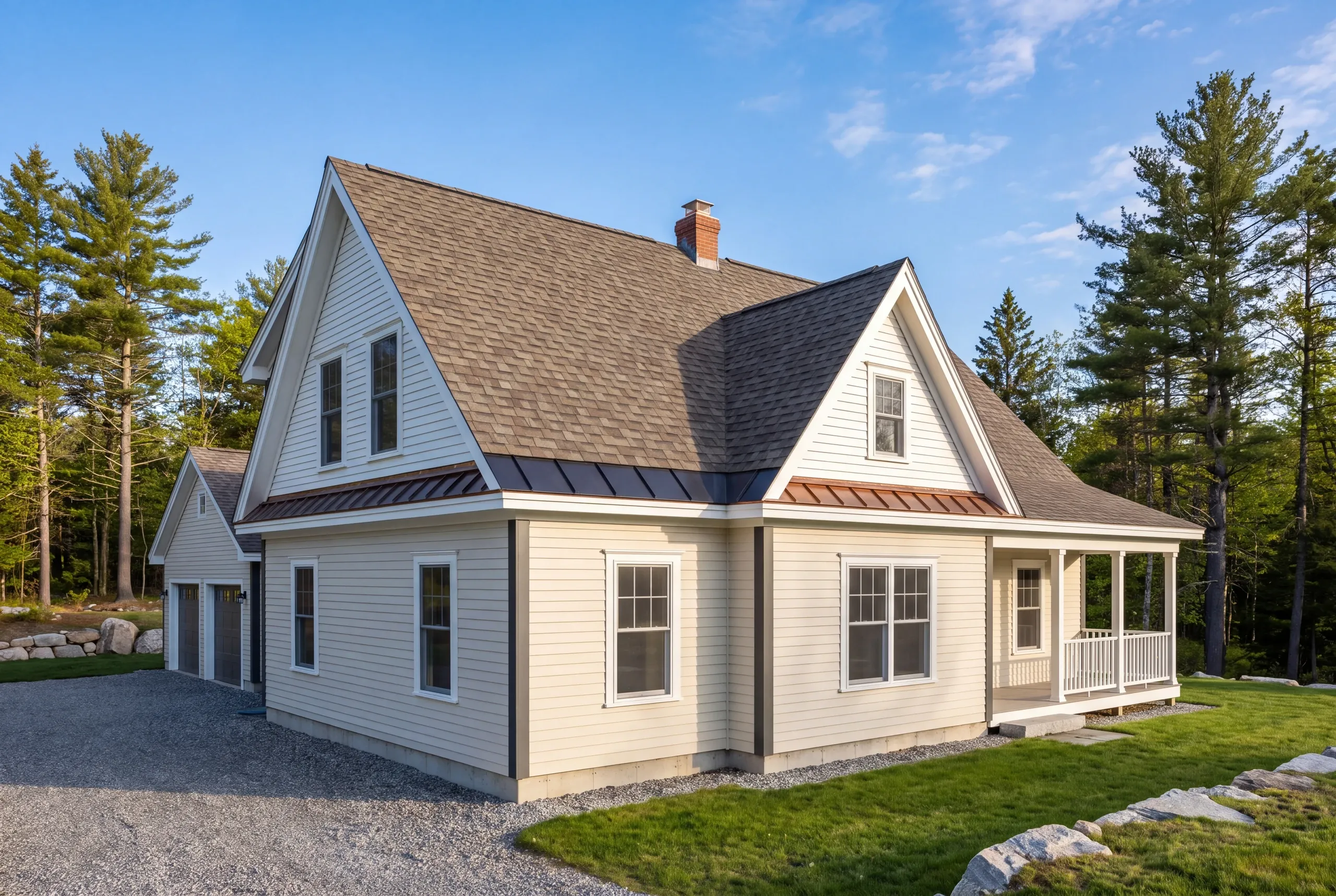 Roofing contractor in Pittsfield, ME: cream farmhouse with gray architectural shingles, copper-colored metal porch roofs and garage