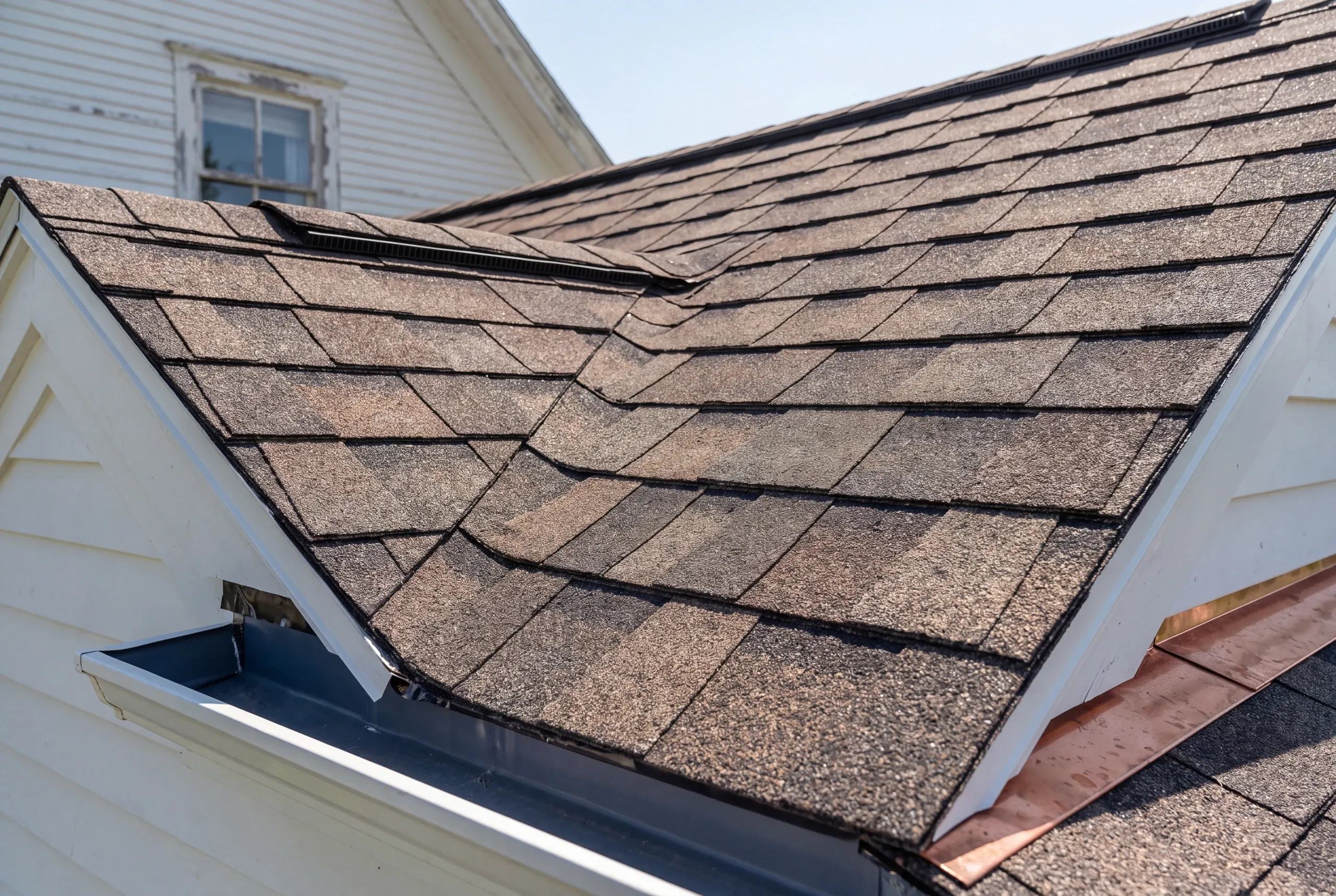 Residential roofing contractor Pittsfield Maine: close view of a shingled roof valley with ridge vent, copper flashing and a gutter