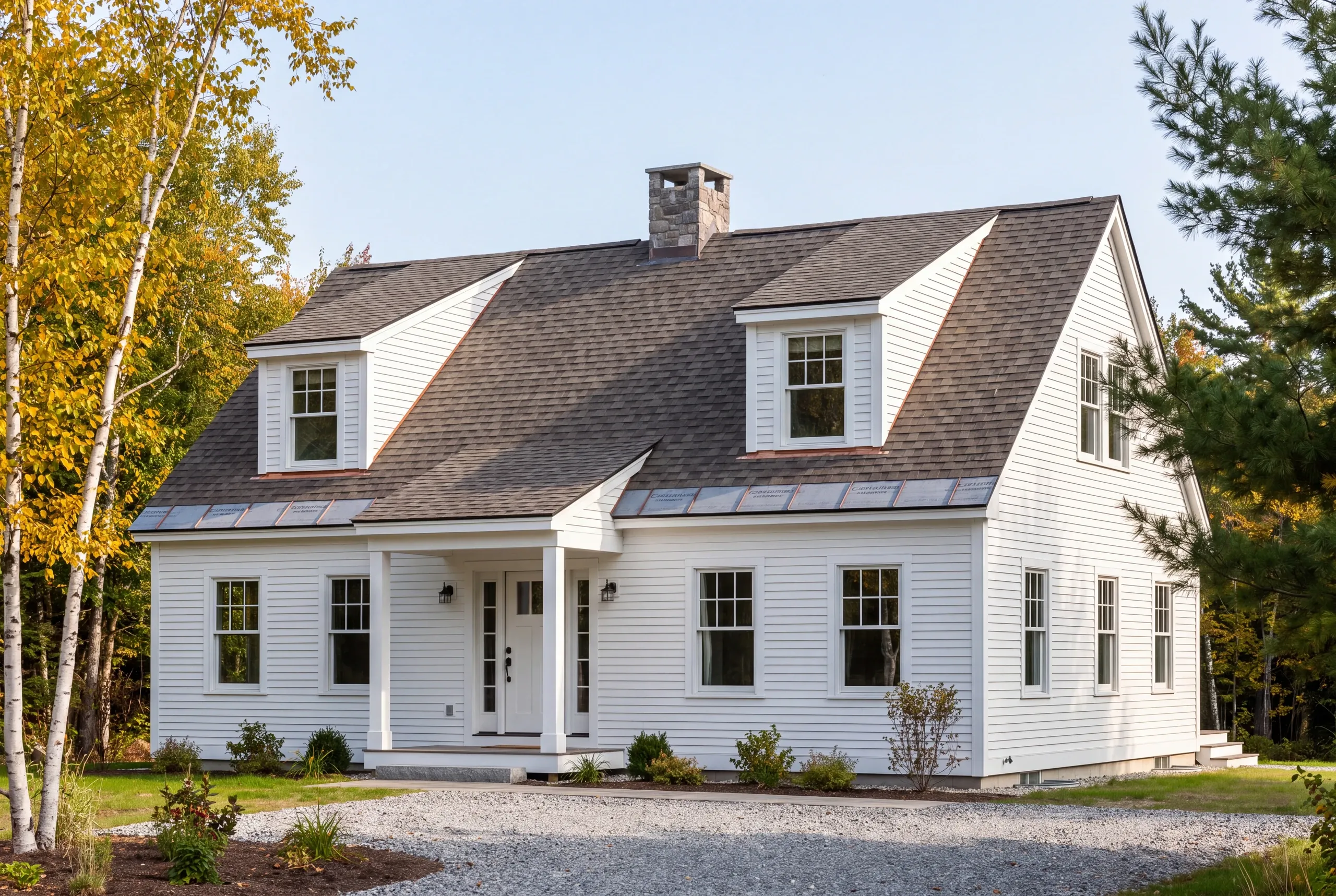 Roof replacement contractor Pittsfield Maine: white cape with two gable dormers, chimney, portico and copper eave bands by birches