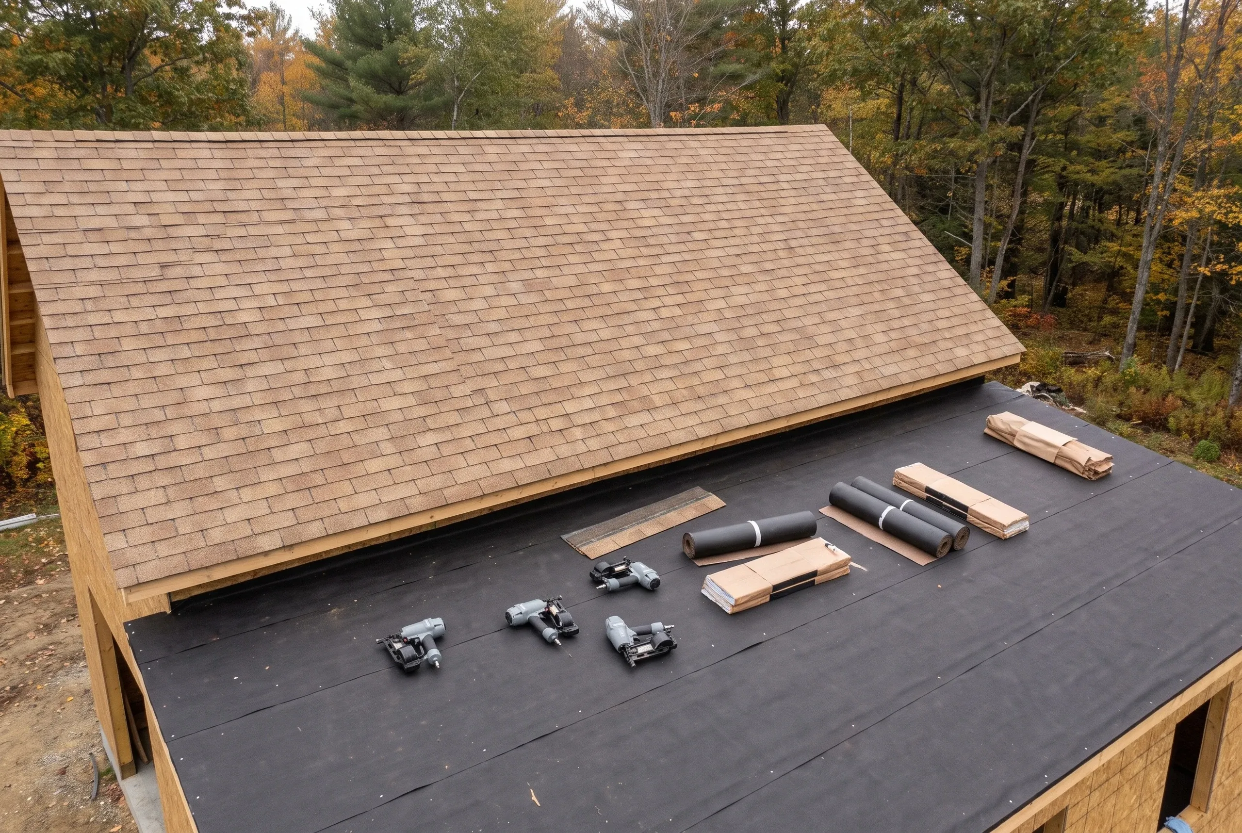 Roofing contractor Pittsfield Maine: aerial view of a tan shingled roof over a lower roof in underlayment with nail guns and rolls