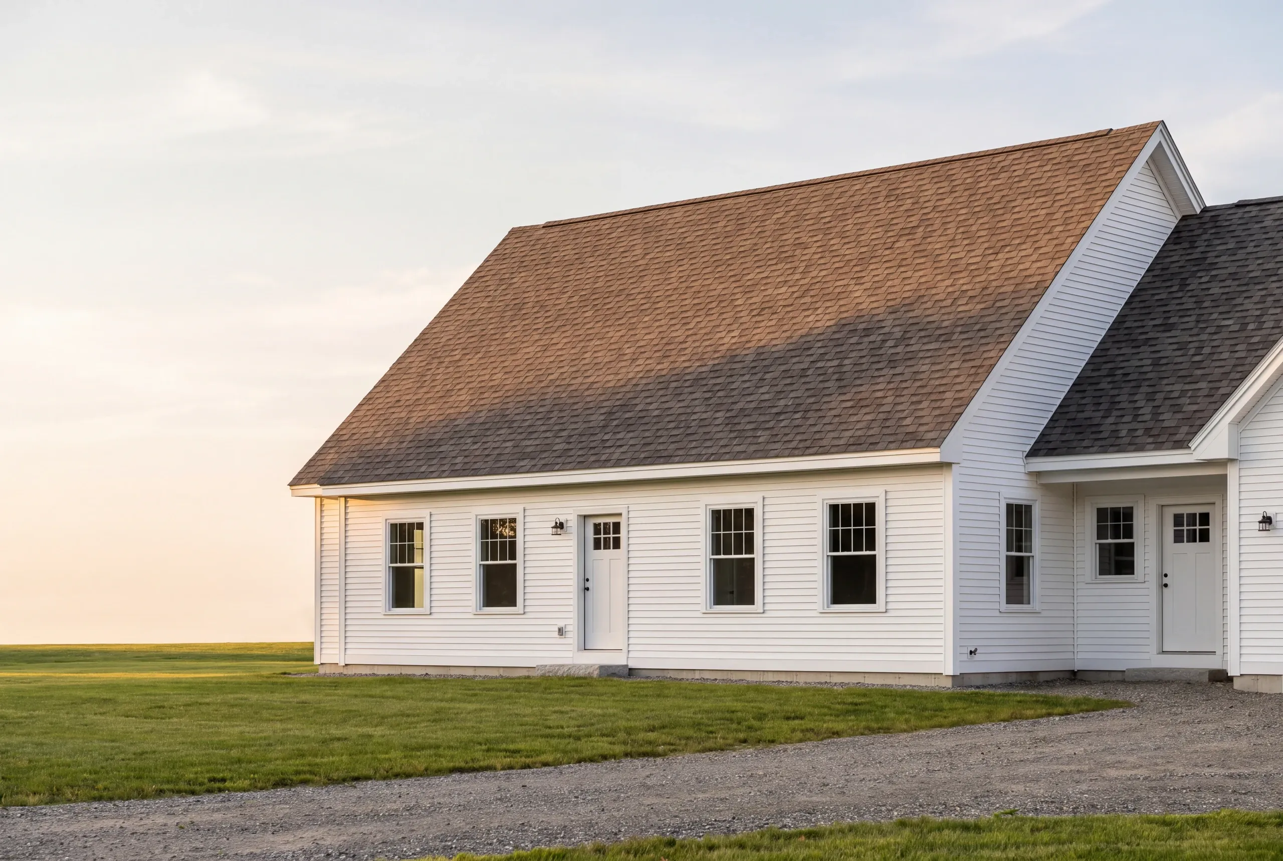 Roof replacement contractor Pittsfield Maine: white cape with a shingle roof and attached side section on a gravel drive in evening light