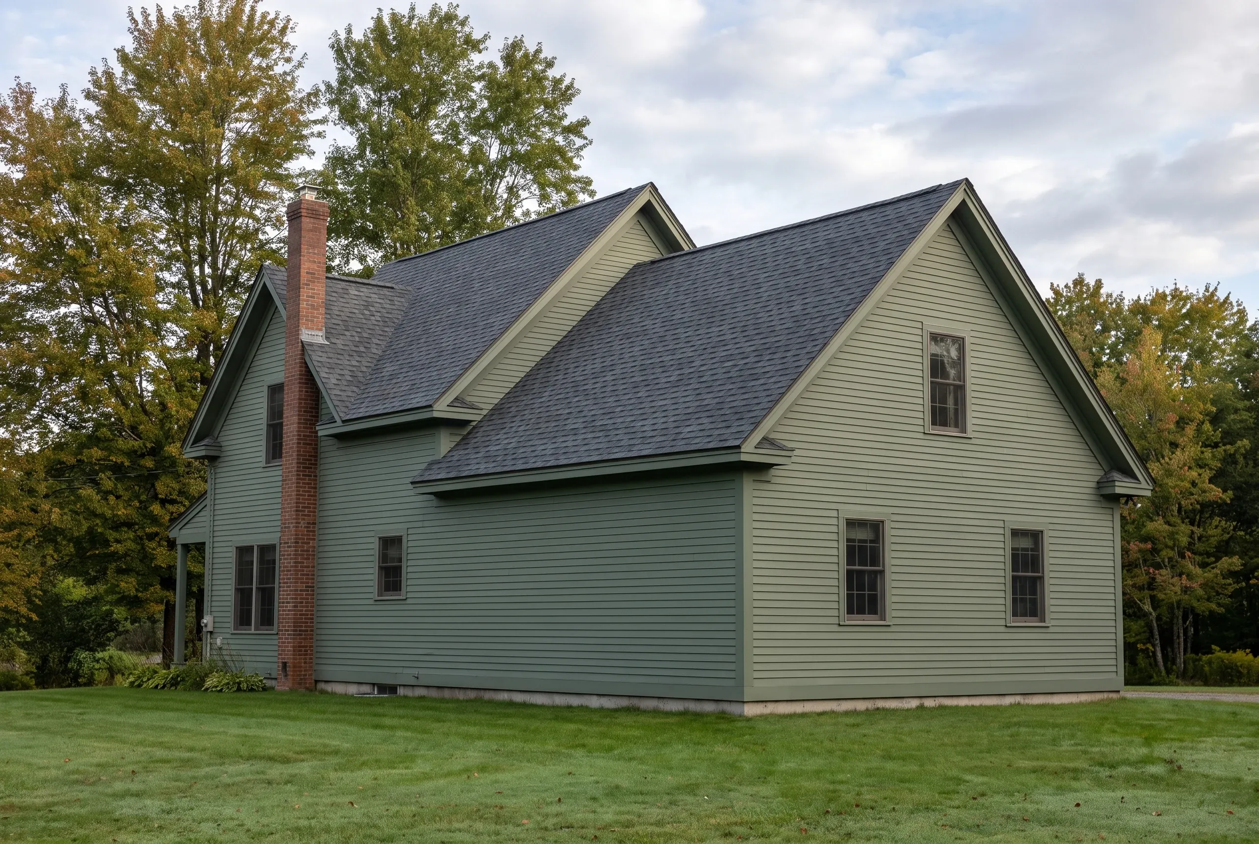 Roofing contractor in Pittston, ME: green clapboard saltbox-style home with dark asphalt shingle roof, side ell and brick chimney.