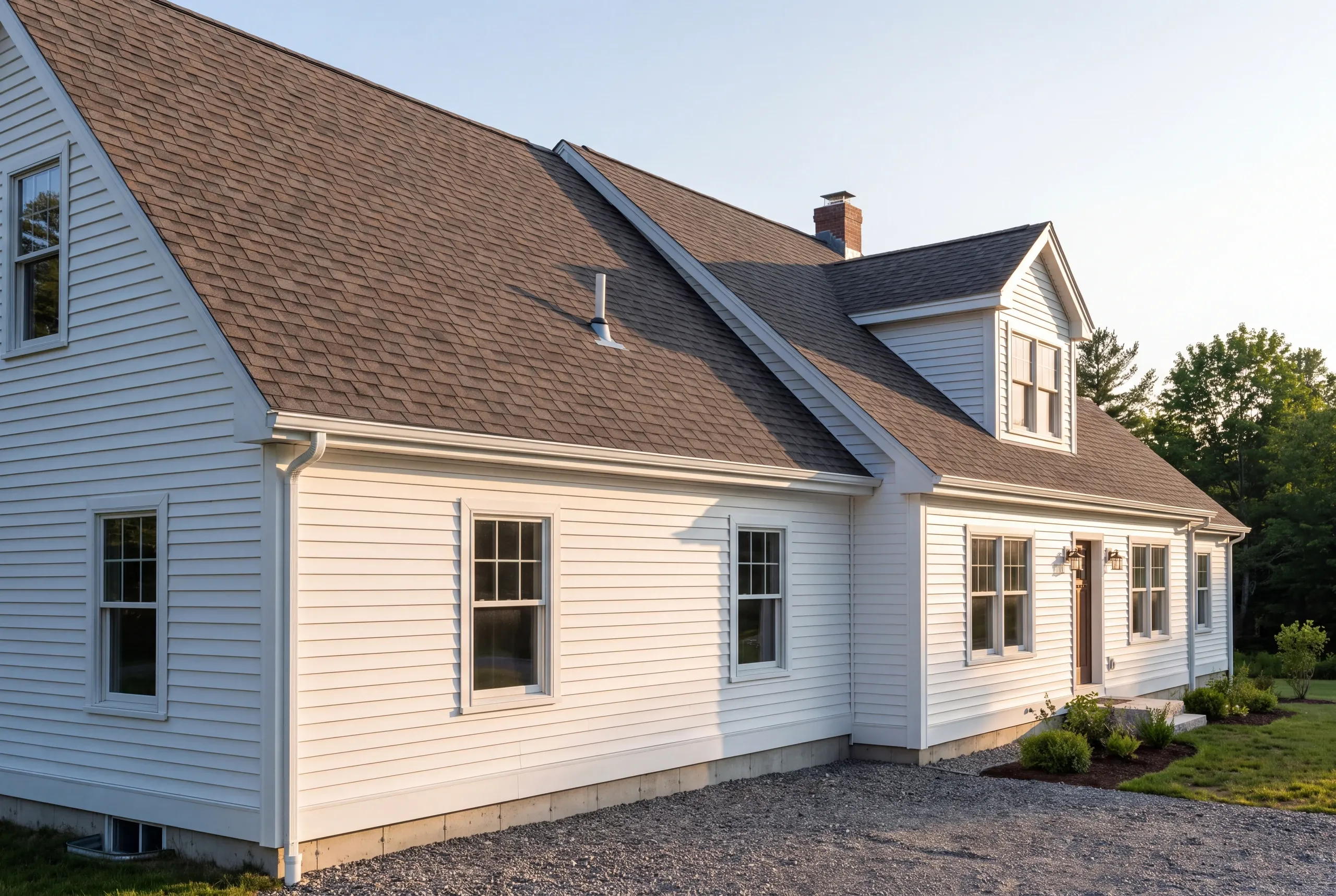 Roof replacement contractor Pittston Maine: white cape with gable dormers, shingle roof and a plumbing vent on a gravel lot