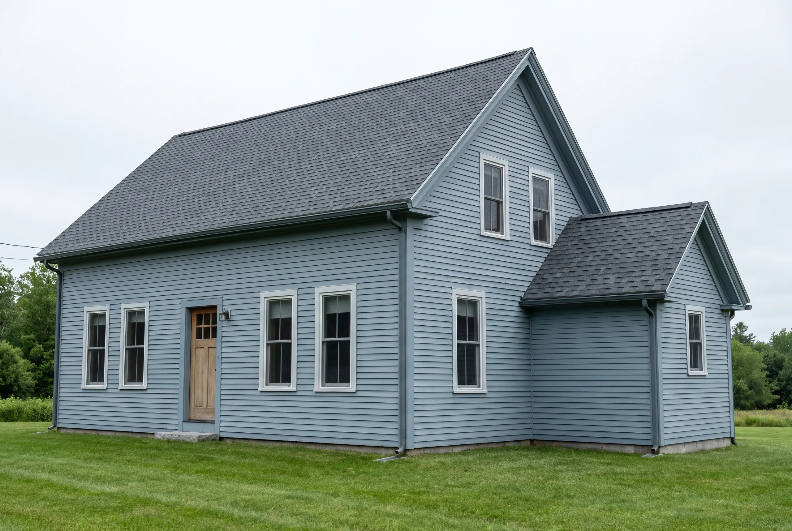 Roofing contractor Pittston Maine: blue clapboard cape with gray asphalt shingle roof, front gable dormer and attached side ell