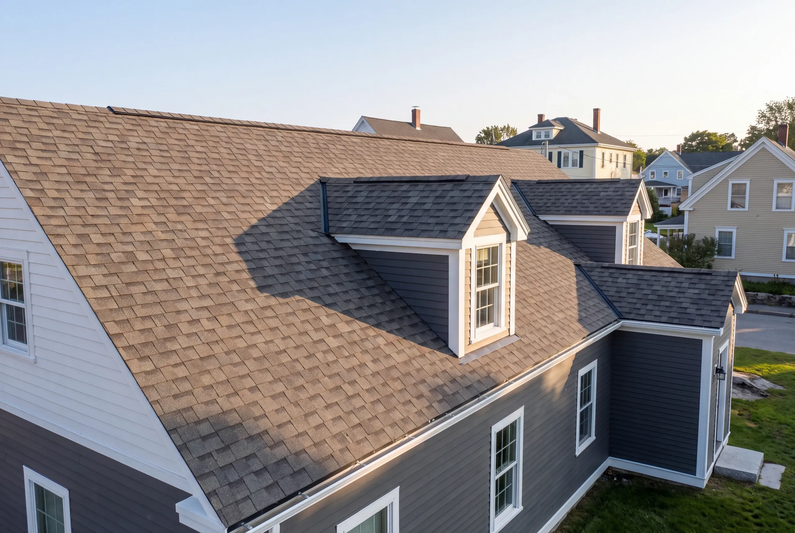 Residential roofing contractor Rockland Maine: aerial view of a blue-gray house with gable dormers and architectural shingle roofs