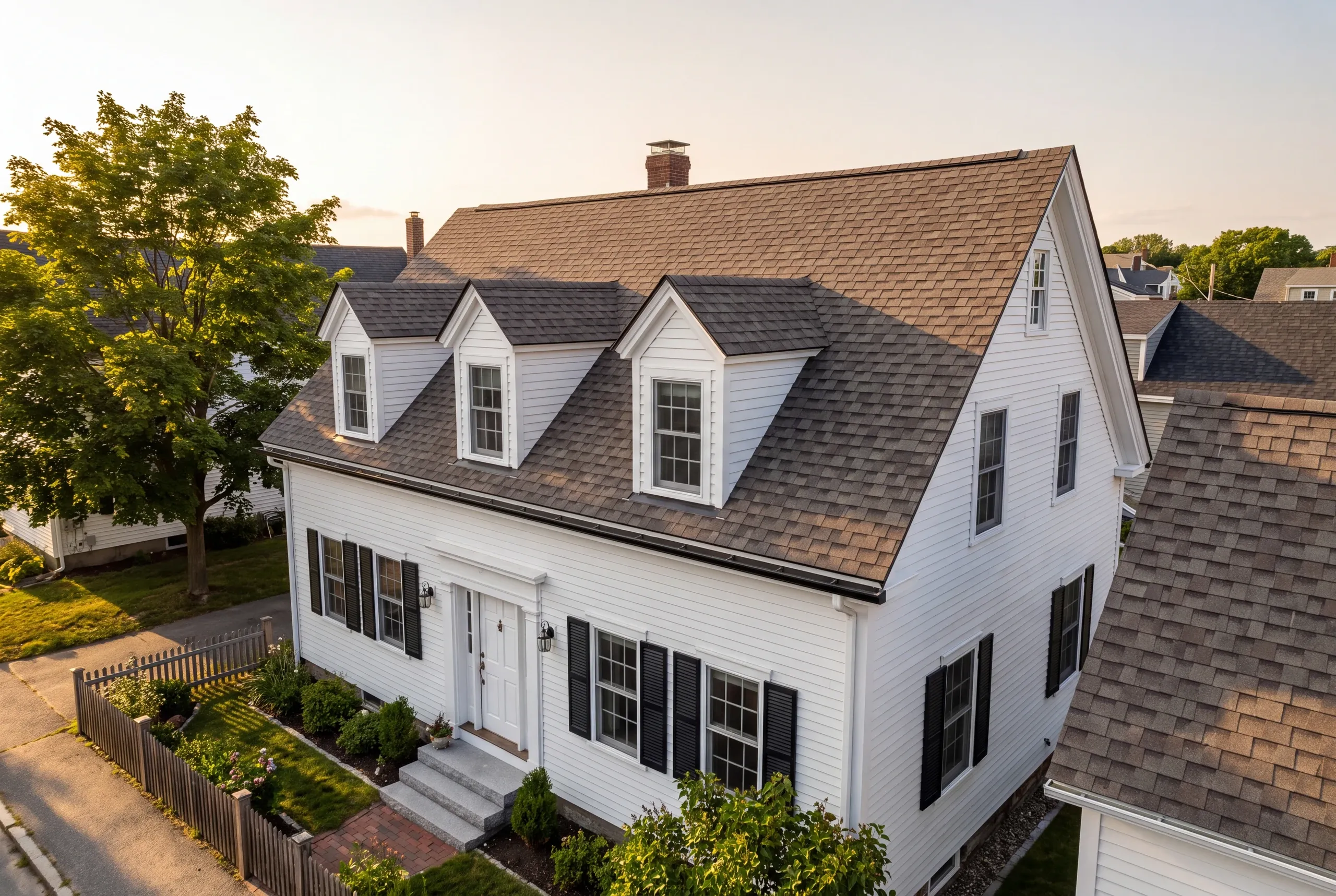 Roof replacement contractor Rockland Maine: white cape with three gable dormers, black shutters, picket fence and front garden
