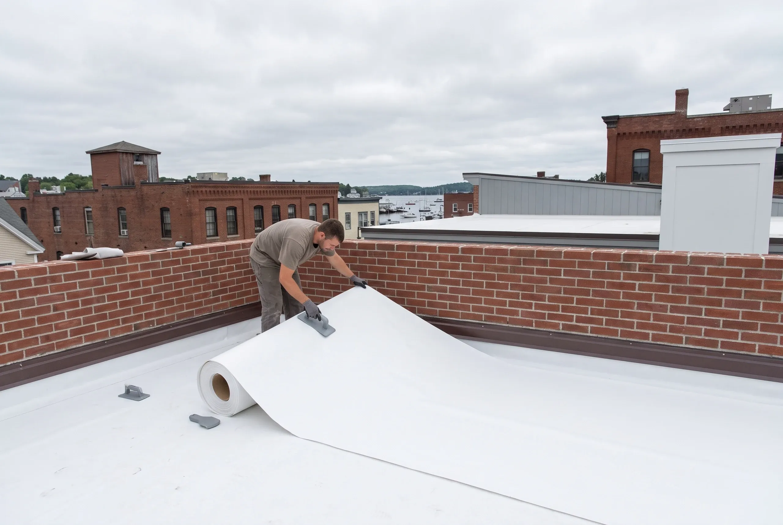 Roofing contractor Rockland Maine: roofer unrolling white membrane on a flat roof inside brick parapets above the harbor